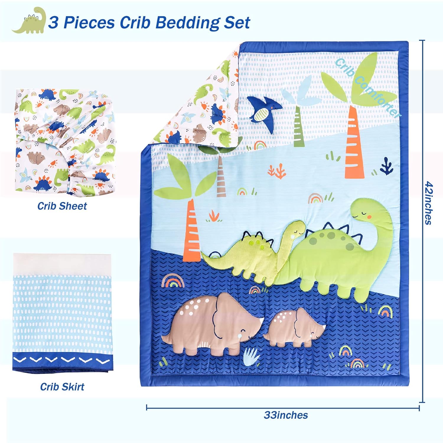 Juego de ropa de cama para cuna para niños, juego de cama de 3 piezas de dinosaurio de tamaño estándar, incluye edredón de cama de bebé, sábana