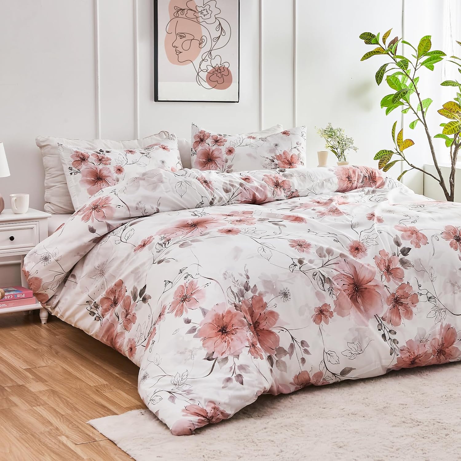 DESIHOM Juego de edredón de 3 piezas con estampado floral rosa y 2 fundas de almohada, de microfibra con estampado floral, reversible, transpirable