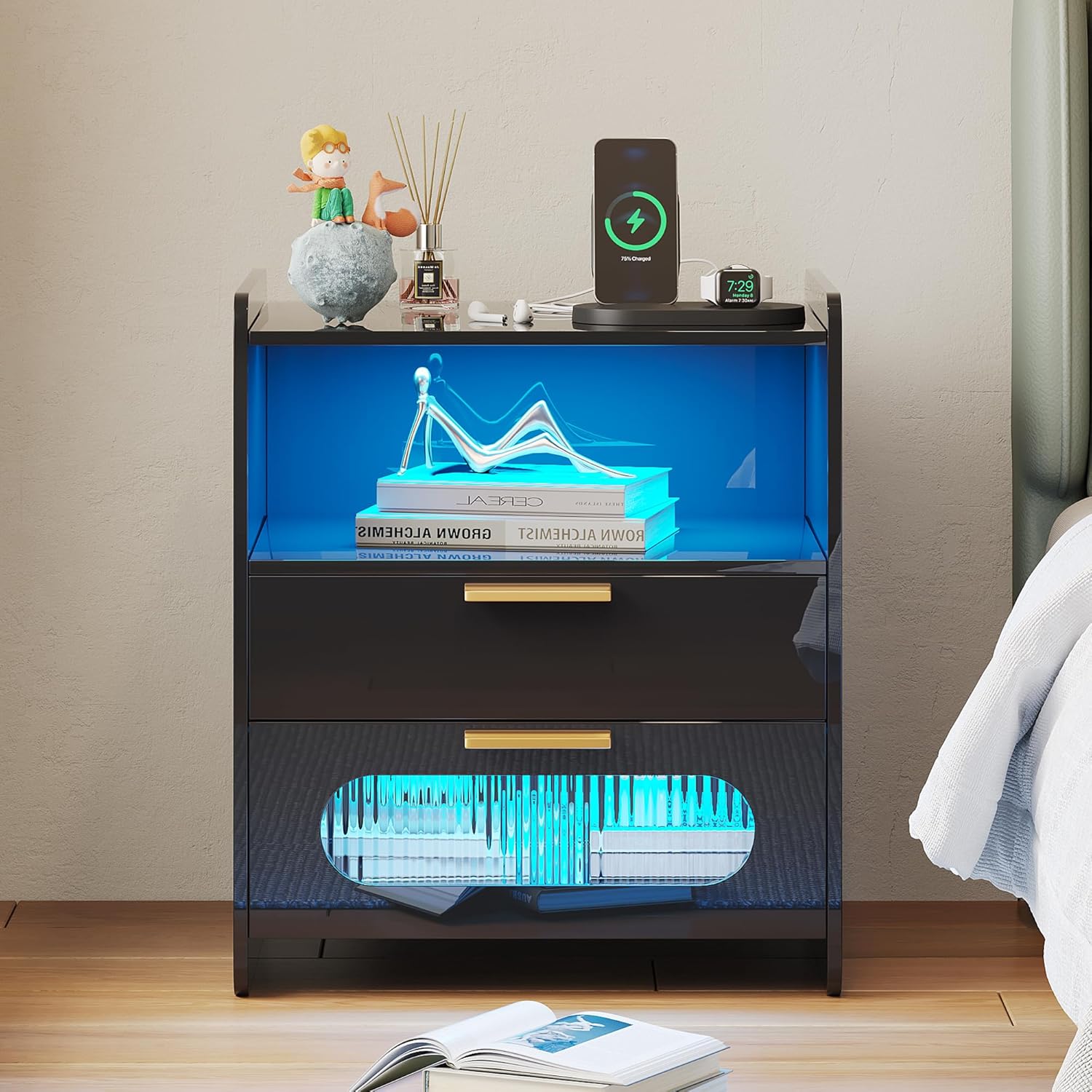 dnbss Mesita de noche RGB con estación de carga, moderna mesita de noche con cajones de almacenamiento de joyas, mesita de noche inteligente para