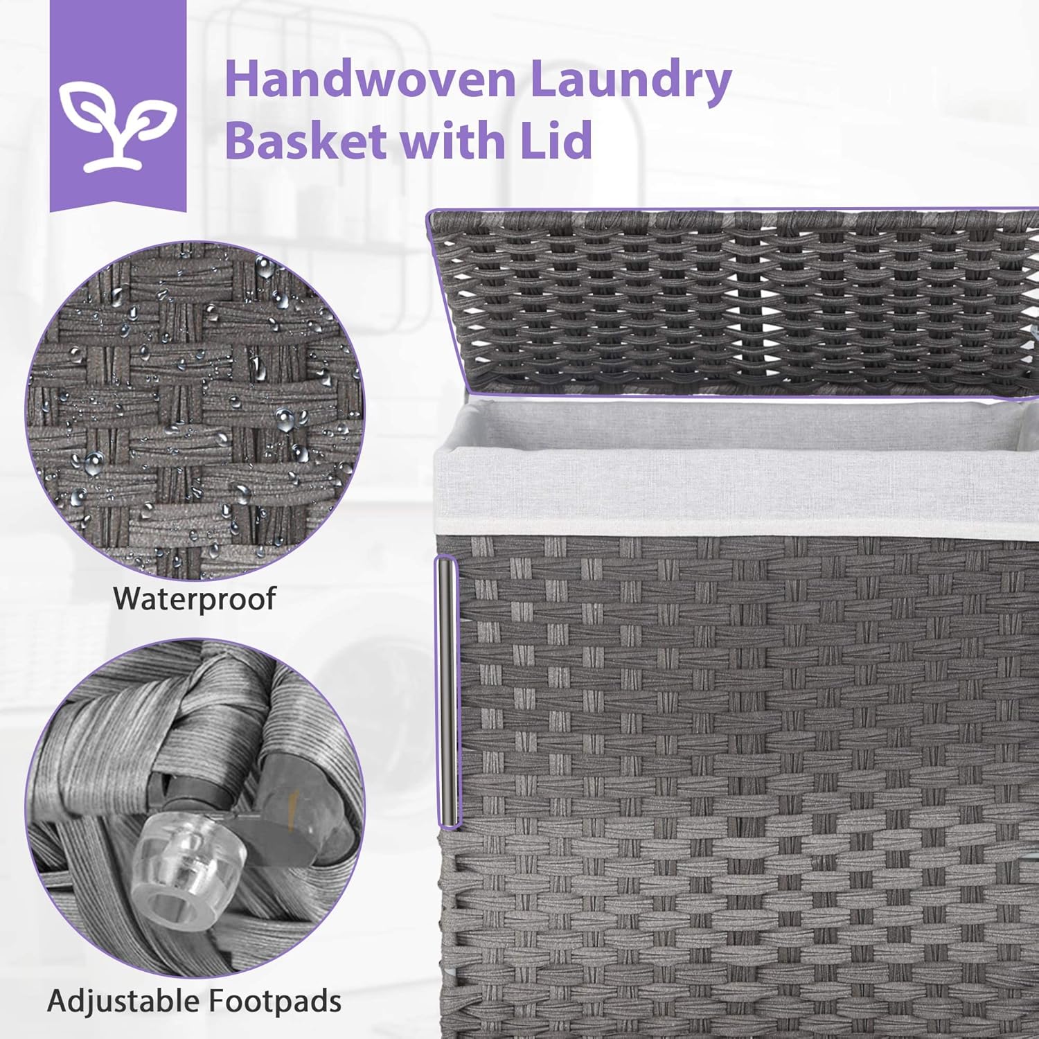 Cesta de lavandería con tapa, cesta de ropa plegable de 90 litros con 6 bolsas de lavandería y 2 bolsas extraíbles con forro tejidas a mano para
