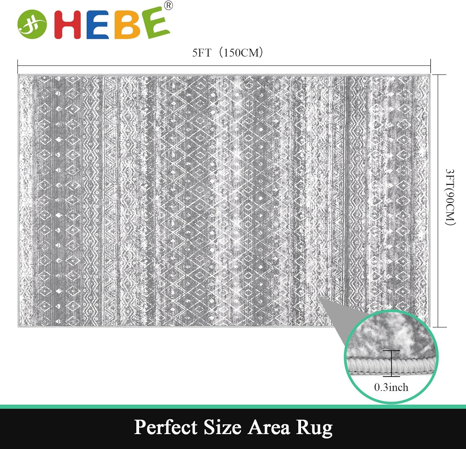 HEBE Alfombra bohemia de 3 x 5 pies, antideslizante, envejecida, con medallón para dormitorio, alfombra lavable para sala de estar, alfombra suave