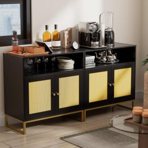 Cozy Castle Juego de 2 aparadores tipo bufé, armario de ratán negro con almacenamiento y estantes ajustables, consola de armario, armario bohemio Cozy Castle Juego de 2 aparadores tipo bufé, armario de ratán negro con almacenamiento y estantes ajustables, consola de armario, armario bohemio