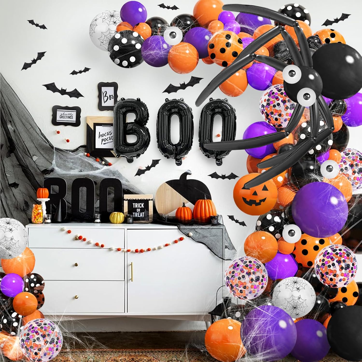 Globos de Halloween de 149 piezas para decoración de fiestas, globos de papel de aluminio, murciélagos, telaraña, globos de confeti, naranja y negro