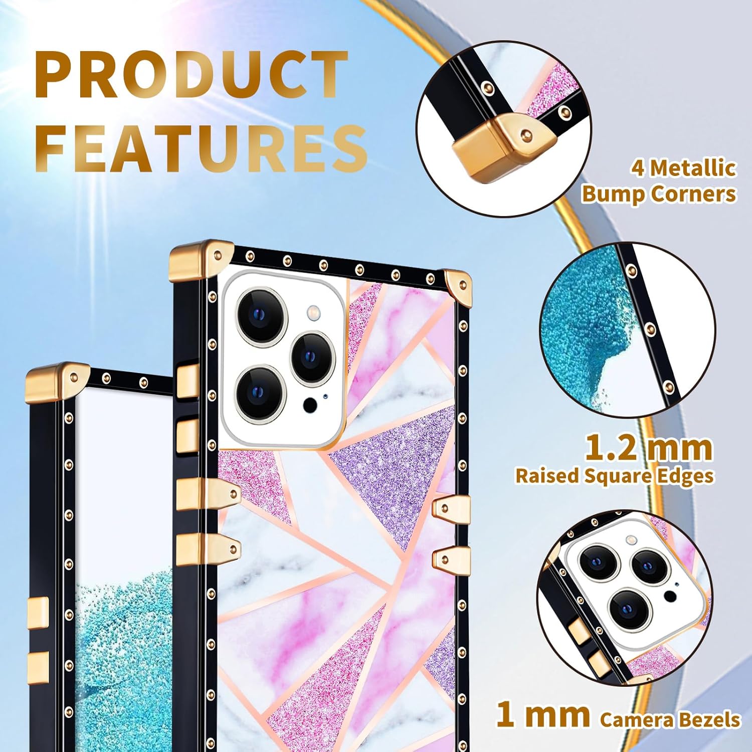 Loheckle Funda para iPhone 15 Pro Max para mujeres, niñas, adolescentes, diseño cuadrado a la moda, lindas fundas con soporte de anillo y cordón,