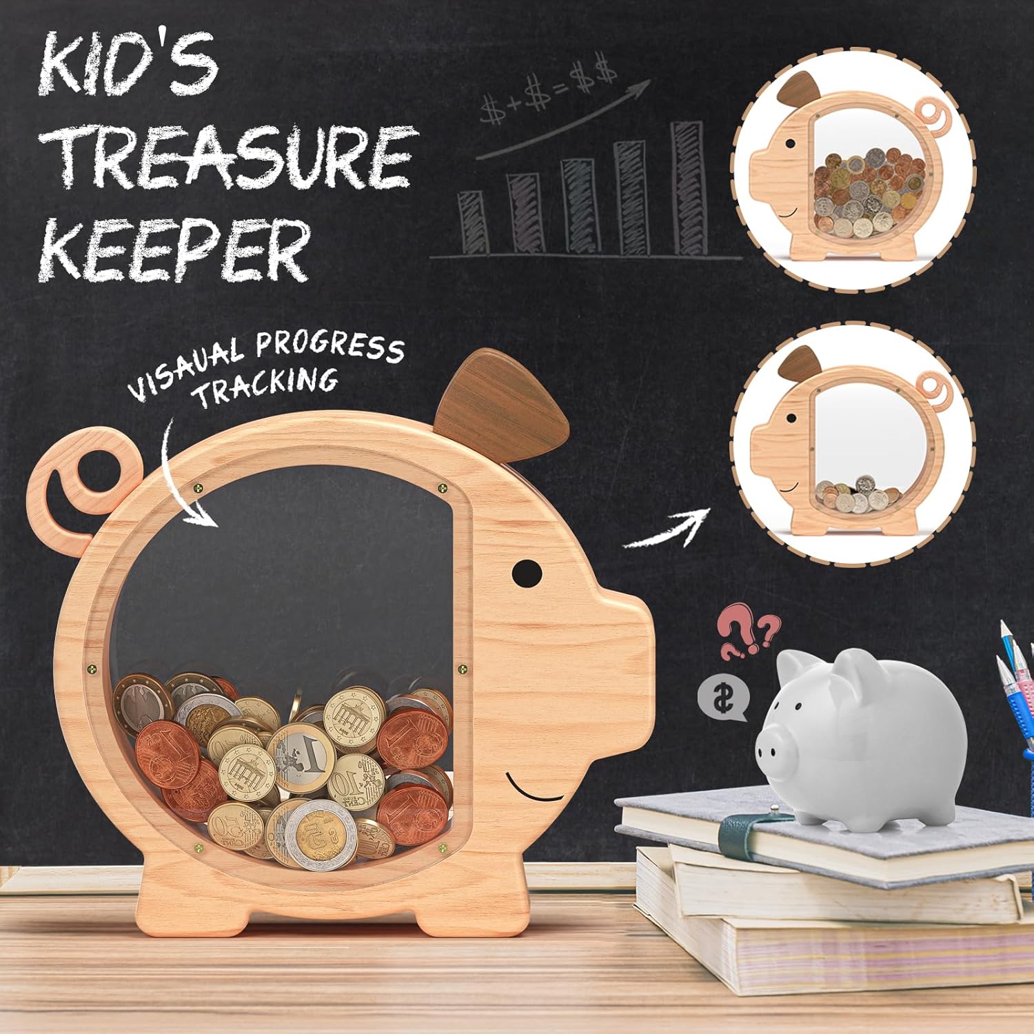 Summidate Alcancía de madera para niños, bonita caja de dinero para niños y niñas, banco de monedas de madera irrompible, tarro de dinero de ahorro
