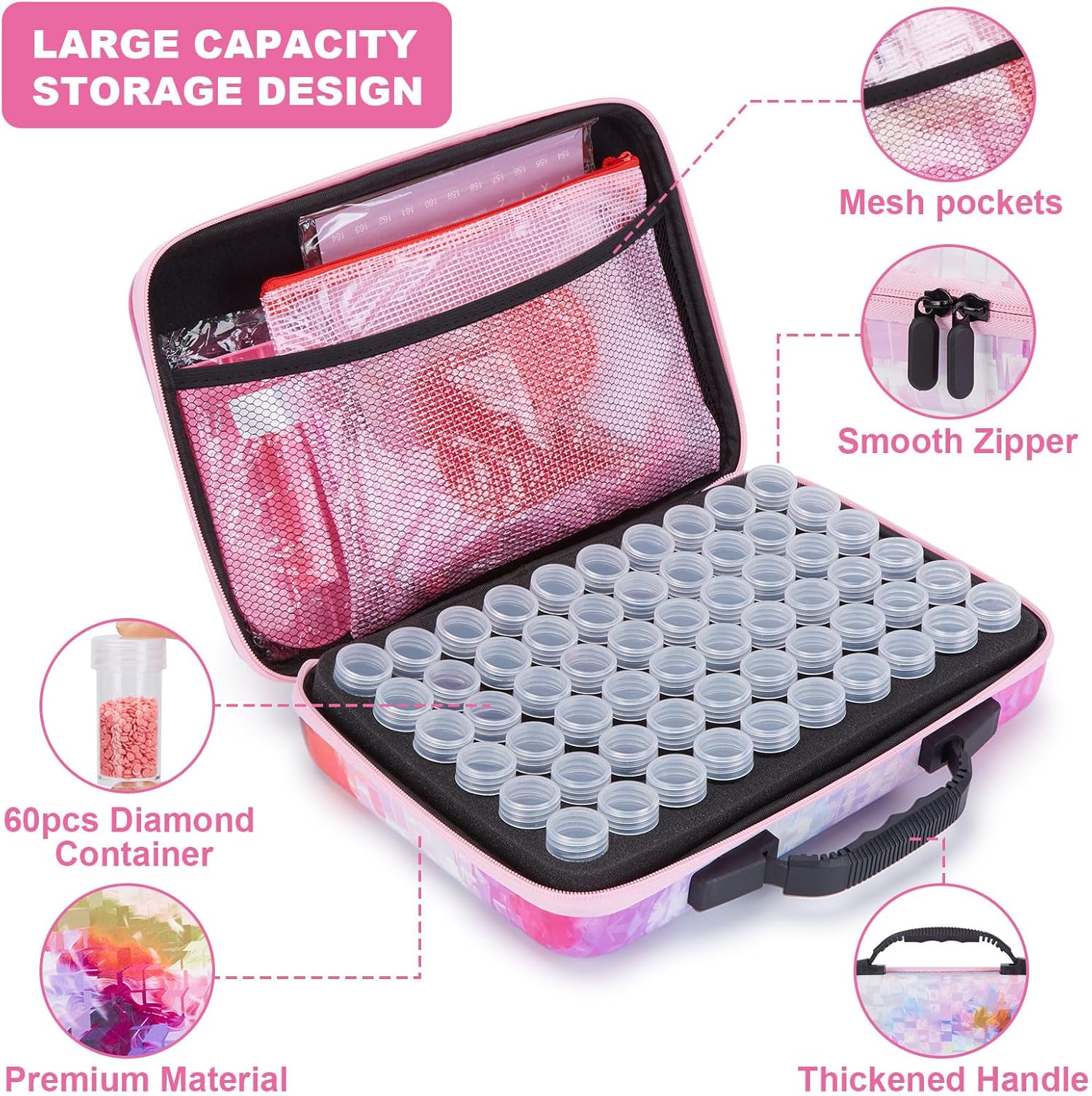 Fixm Contenedor de almacenamiento de pintura de diamante, 60 ranuras para accesorios de pintura de diamantes y caja de almacenamiento portátil de