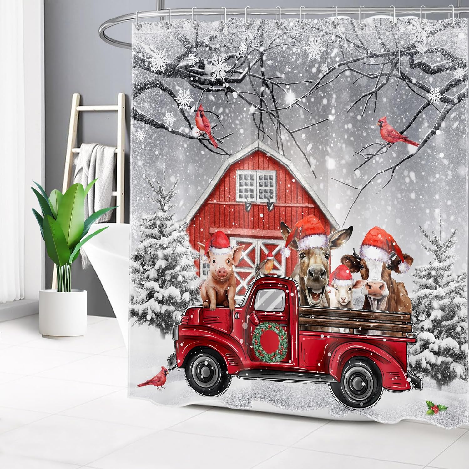 HVEST Cortina de ducha de Navidad para baño, divertida cortina de ducha con ganchos, juego de cortina de ducha de invierno con bosque nevado gris,