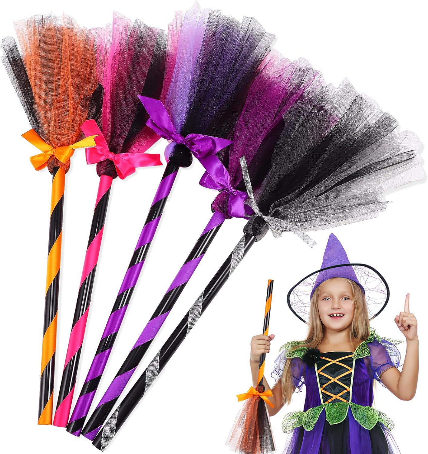 SAFIGLE 5 piezas de escoba de bruja de Halloween, escoba de bruja para niños, accesorios de disfraz de Halloween, decoración de disfraz de bruja de
