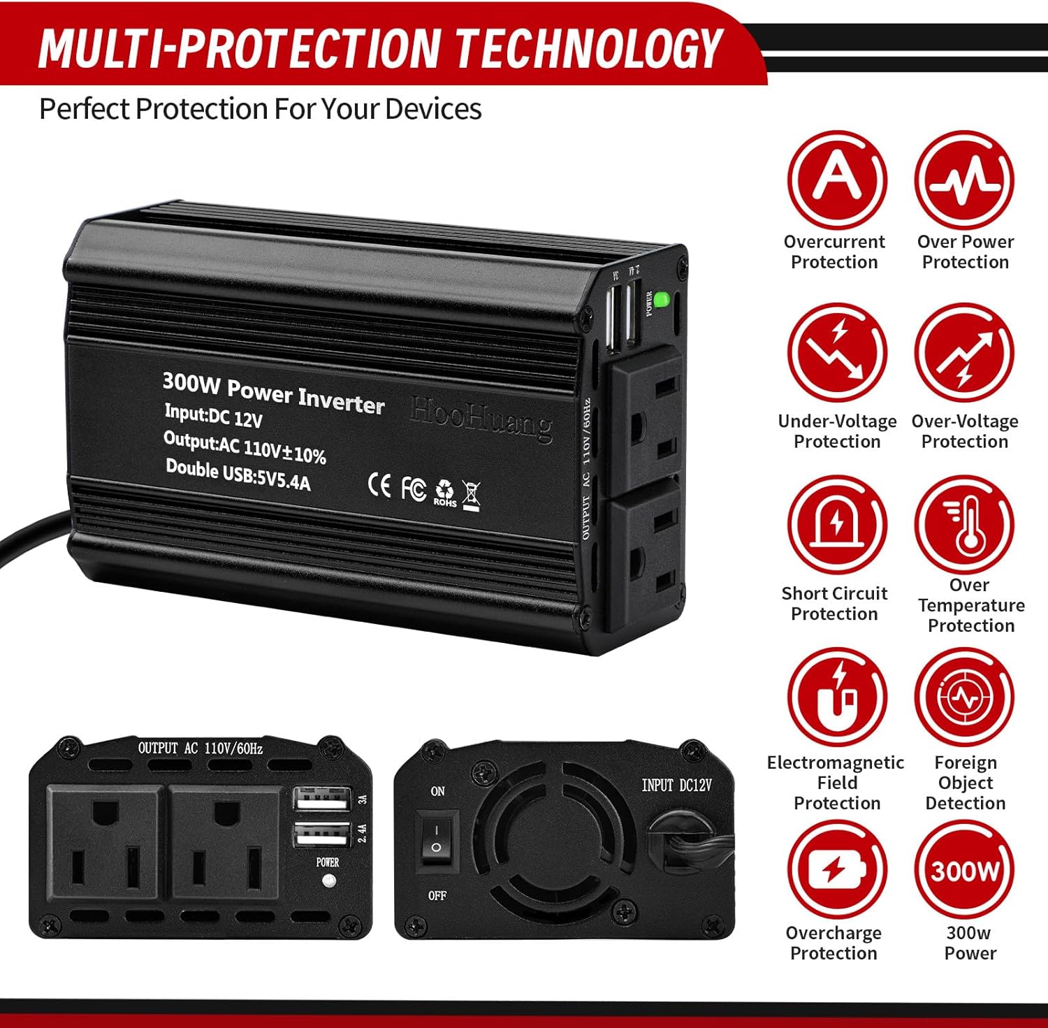 Inversor de corriente de 300 W, 12 V CC a 110 V CA Adaptador de enchufe dual para automóvil, convertidor de salida de adaptador de enchufe doble,