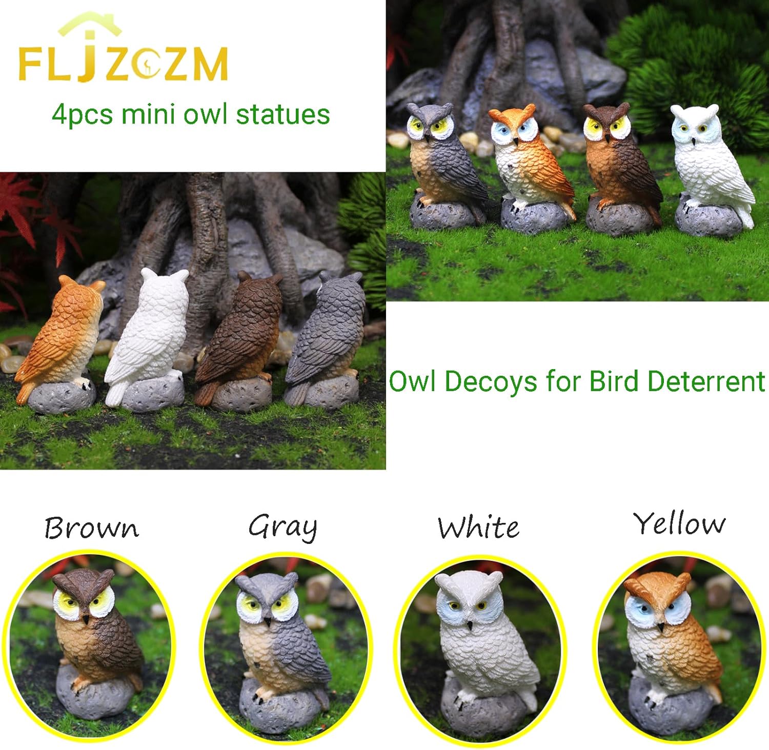 Mini estatua de búho, 4 piezas, espantapájaros, búho falso, escultura de señuelo de hadas, accesorios de jardín, suministros de micro paisaje,