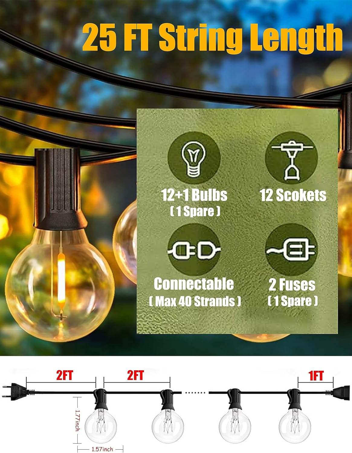 Guirnalda de luces para exteriores, iluminación de patio de 25 pies con bombillas G40 inastillables, luces colgantes conectables impermeables para