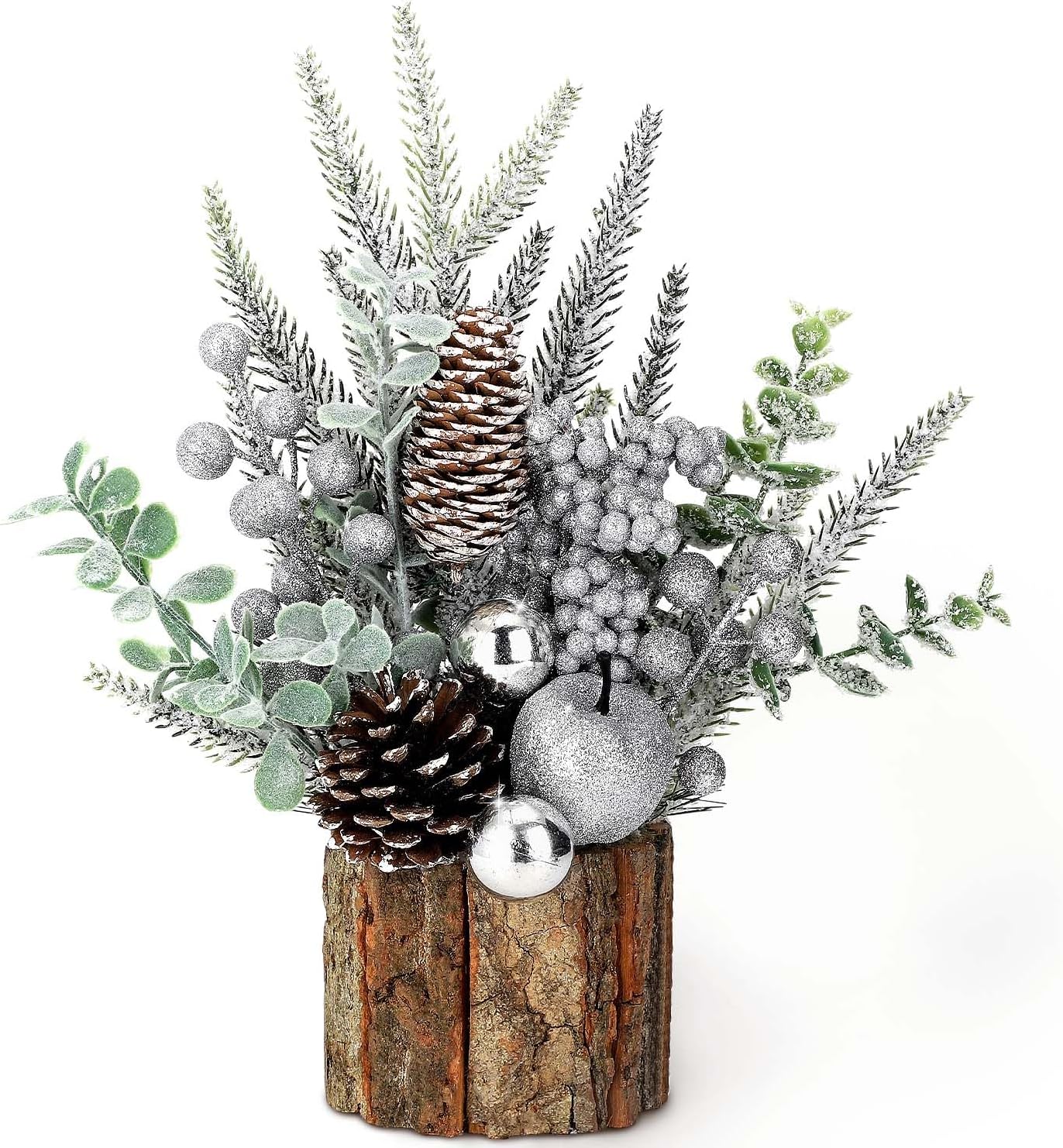 Pequeño árbol de Navidad artificial de mesa, mini decoración de árbol de Navidad con adornos navideños, conos de pino de bayas rojas, vegetación