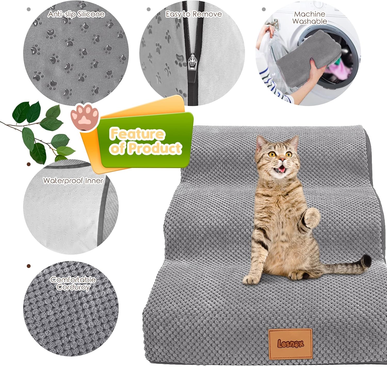 Lesnox Escalerasescalones de espuma para perros, rampa para mascotas de 3 niveles con funda impermeable para cama, sofá, antideslizante, escalera de