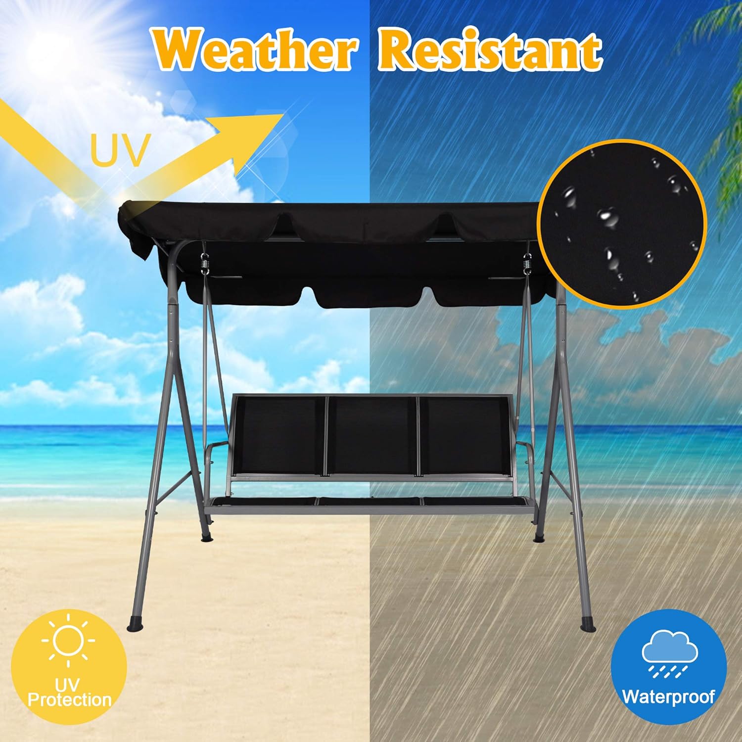 Columpio de patio para 3 personas con toldo convertible, marco resistente a la intemperie y asiento transpirable, cómodo banco de columpio al aire
