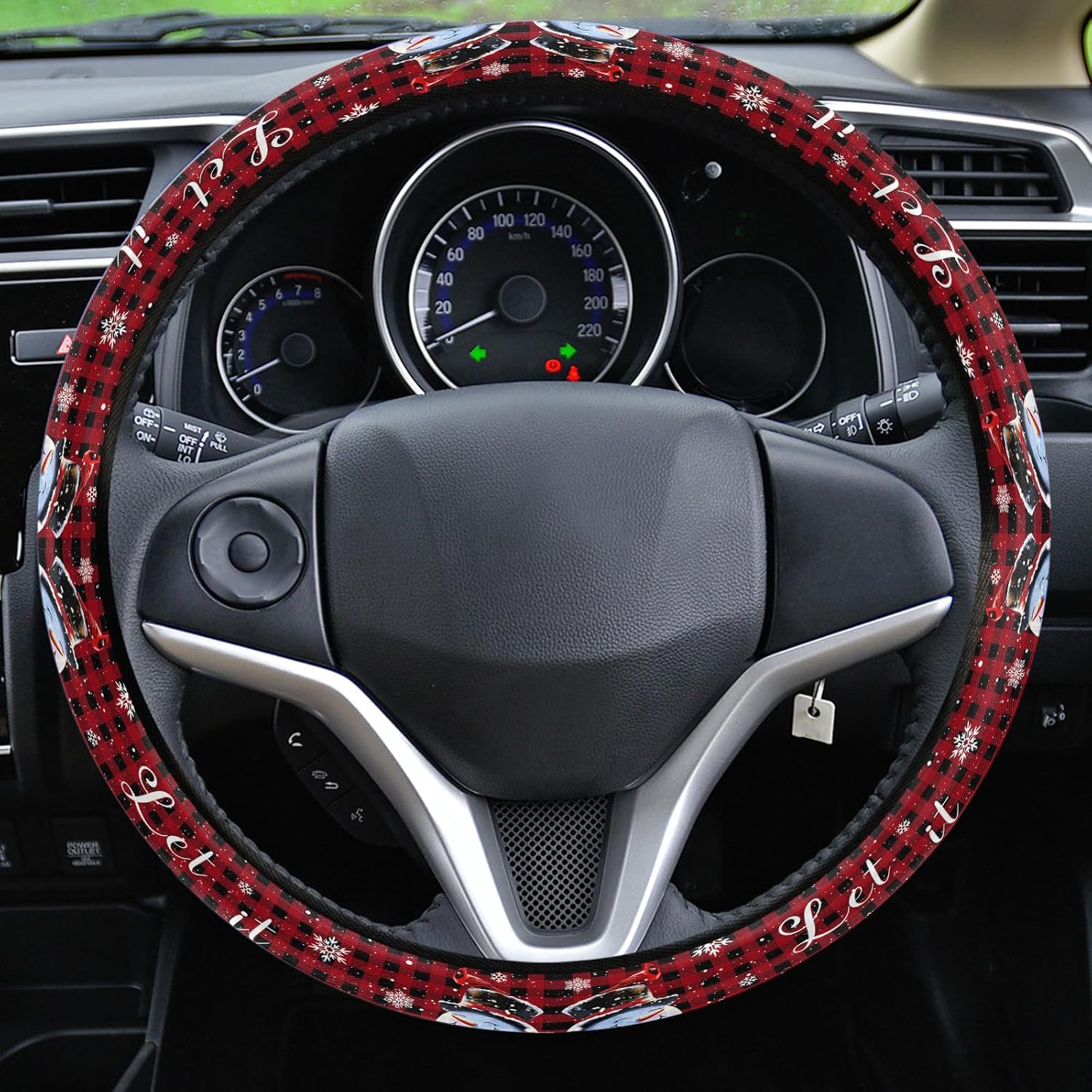 Funda para volante de automóvil, muñeco de nieve, copo de nieve, rojo y negro, a cuadros, elástico, de esponja elástica, para volantes, funda