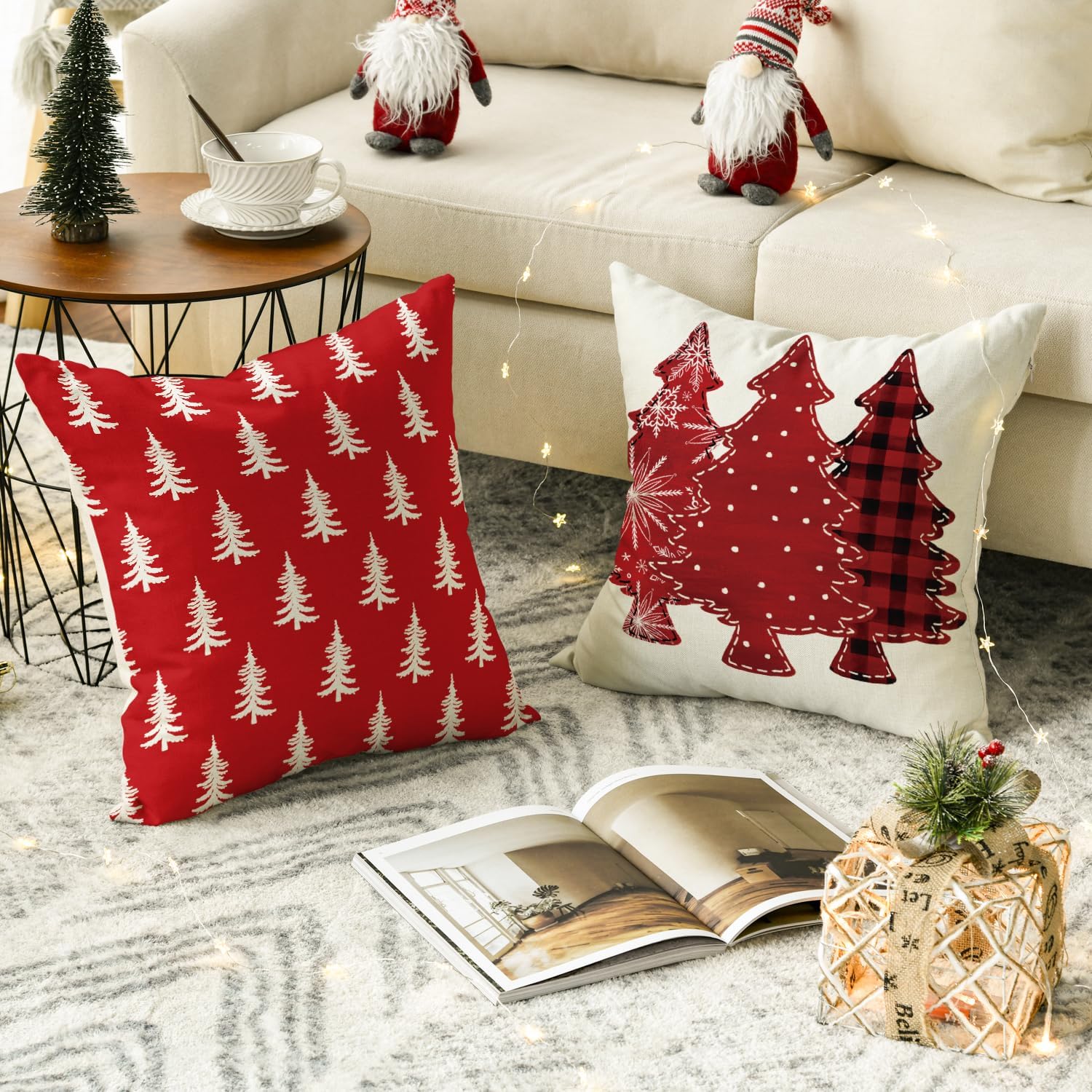 AVOIN colorlife Juego de 4 fundas de almohada rojas con árboles de Navidad, 18 x 18 pulgadas, decoración de Navidad y vacaciones de invierno para