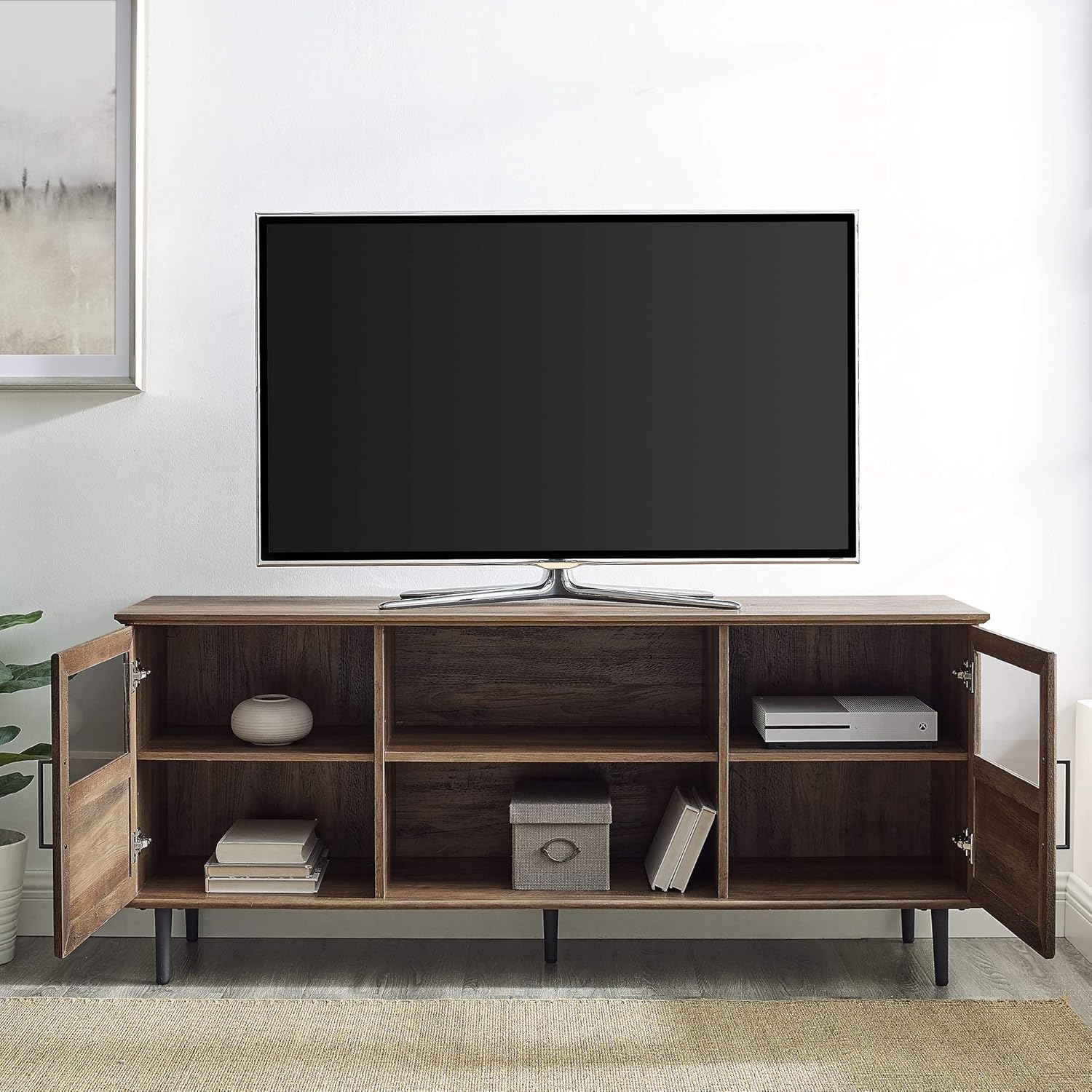 Walker Edison Moderno soporte de TV de madera y vidrio con 2 puertas de gabinete para televisores de pantalla plana de hasta 65 pulgadas, consola