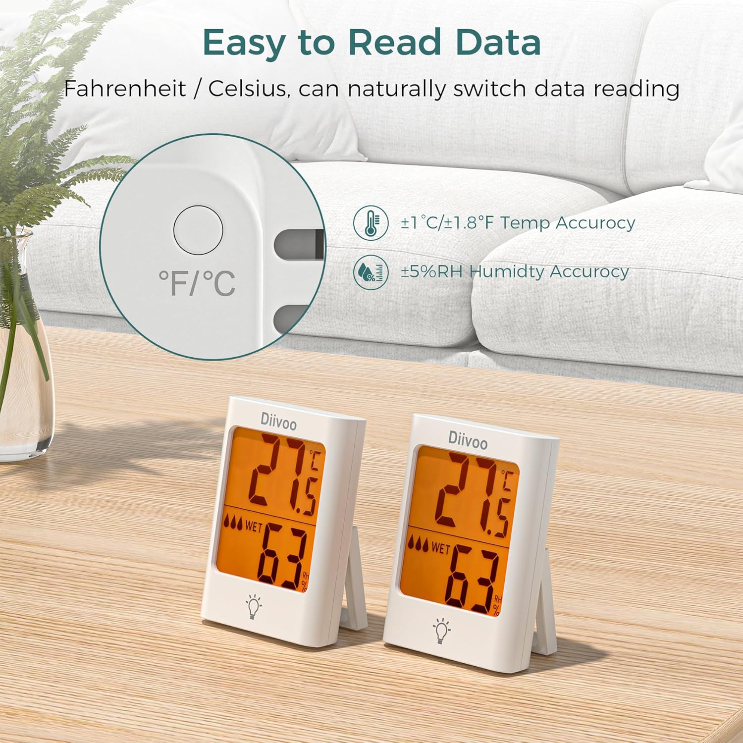 Termómetro interior para el hogar, sensor de humedad de temperatura Diivoo con pantalla de luz LCD, termómetro higrómetro con actualización rápida