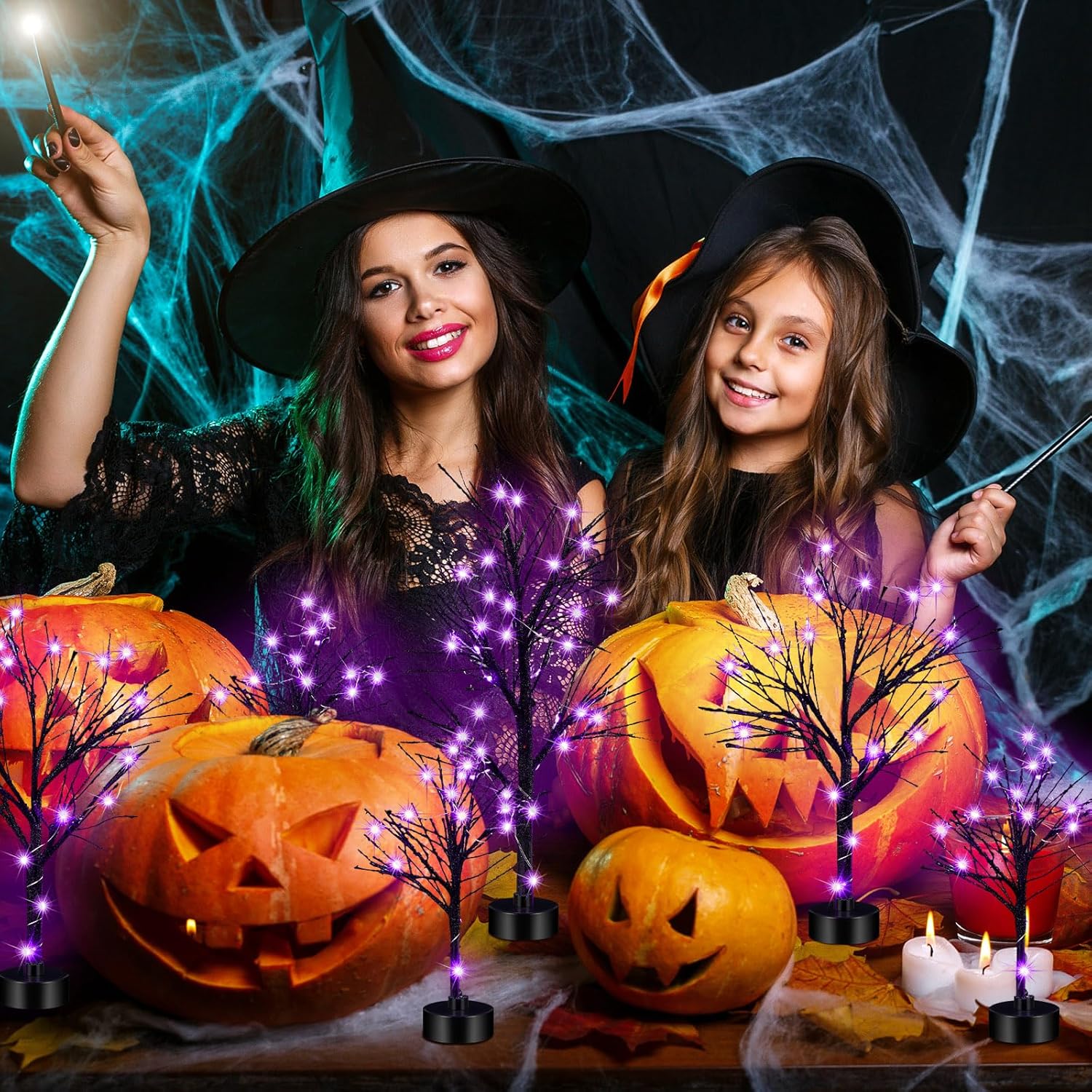 Baquler 7 piezas de árboles LED de Halloween, abedul negro para decoración de mesa, aldea artificial de Halloween con cadena de luces de Halloween,