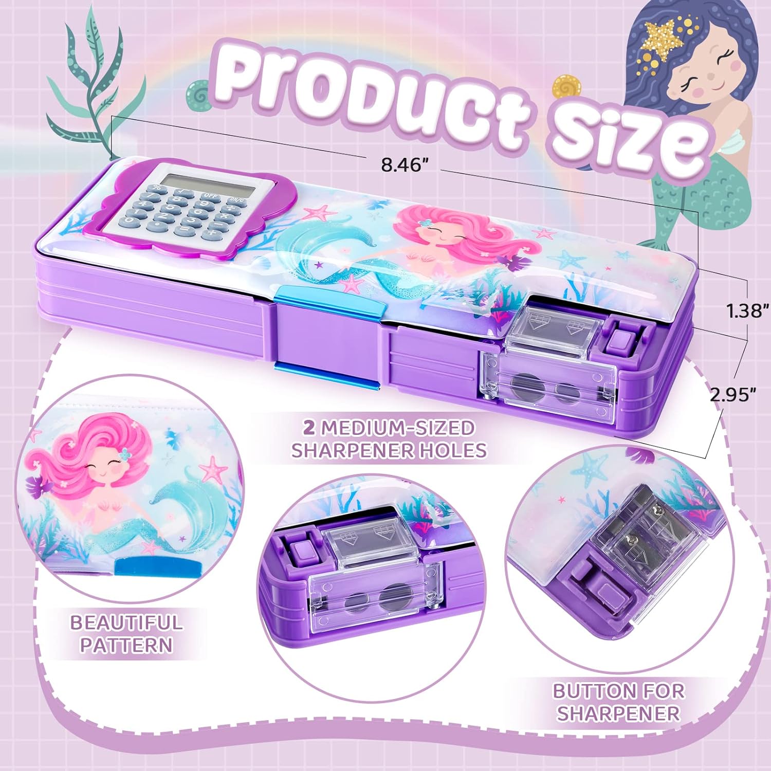 Henoyso Caja de lápices para niñas, estuche de sirena con calculadora y sacapuntas, estuche multifunción para lápices, suministros escolares, regalo