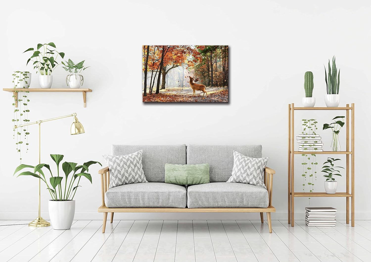 TEKMENT Arte de pared de bosque otoñal de ciervos para sala de estar, hermoso lienzo Sika Wild Animal en la mañana con hojas que caen, decoración de