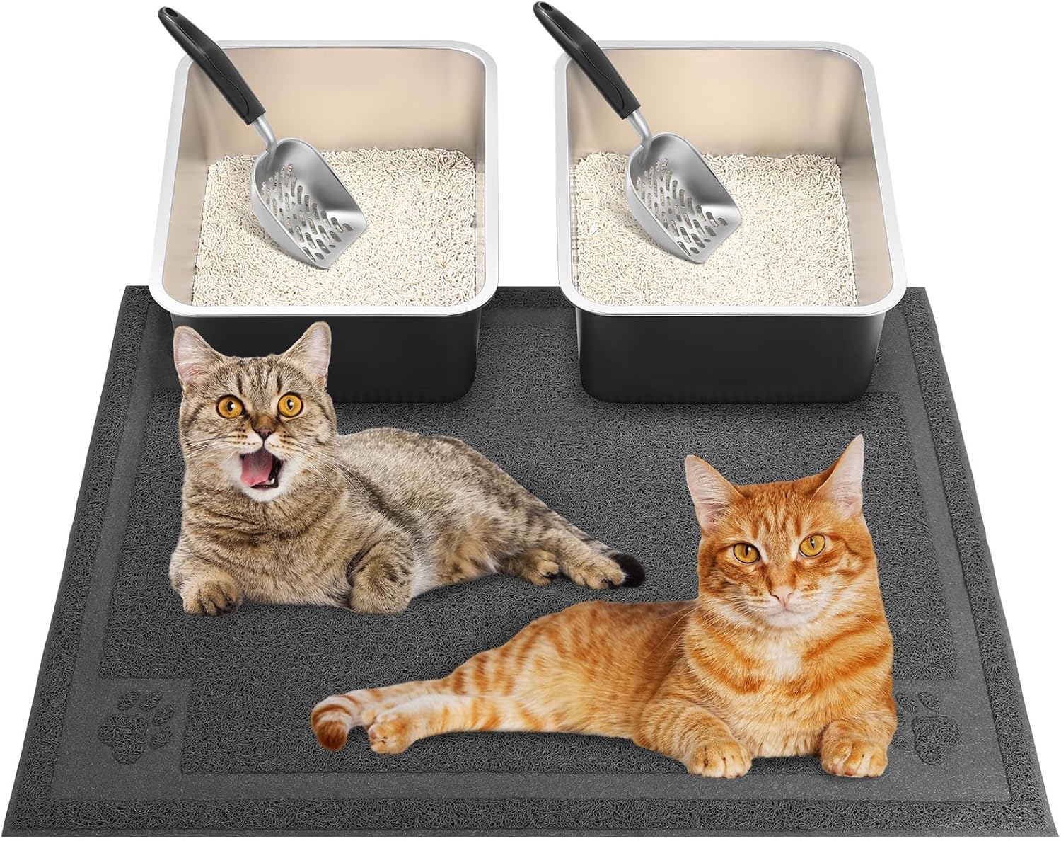 Tioncy Juego de 2 cajas de arena de acero inoxidable y pala de arena para gatos con 1 alfombrilla de arena para gatos, caja de arena de metal,