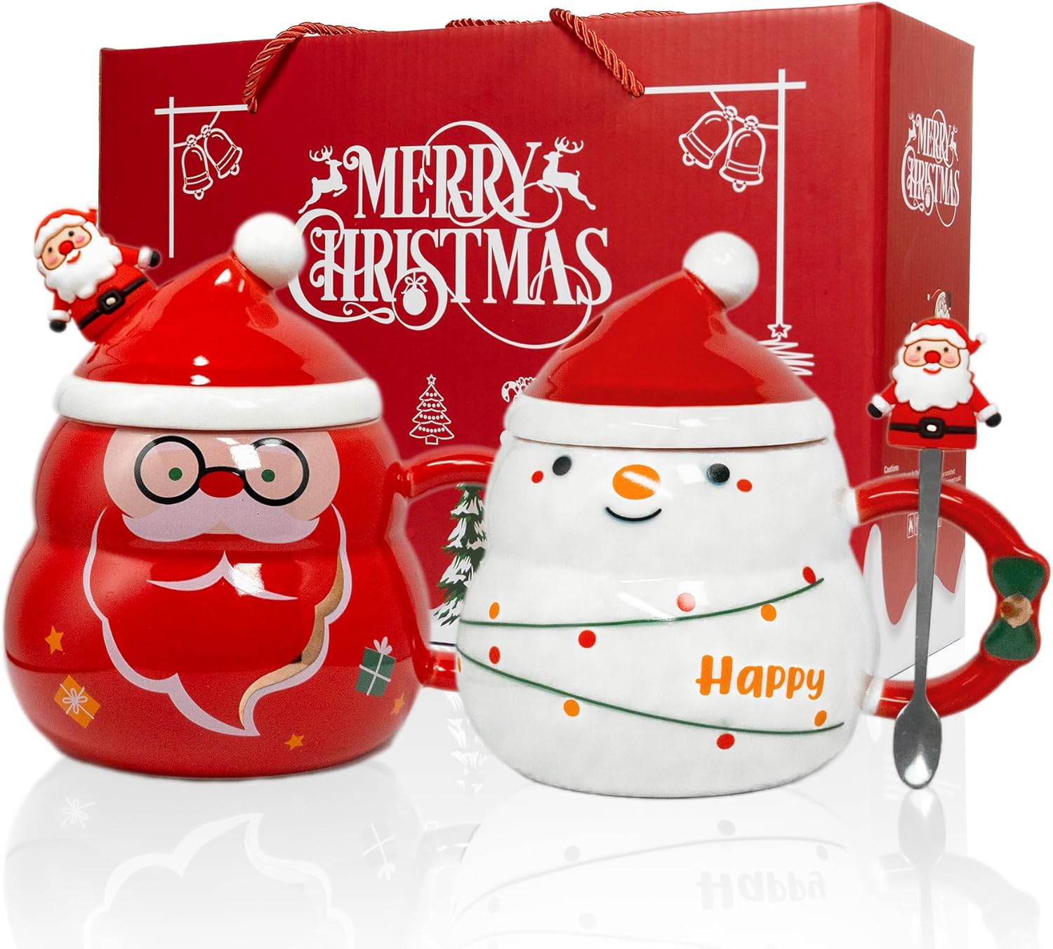 Juego de 2 tazas de café con diseño de árbol de Navidad color rojo, tazas de café de cerámica duraderas con tapa y cuchara de 16 onzas, el mejor