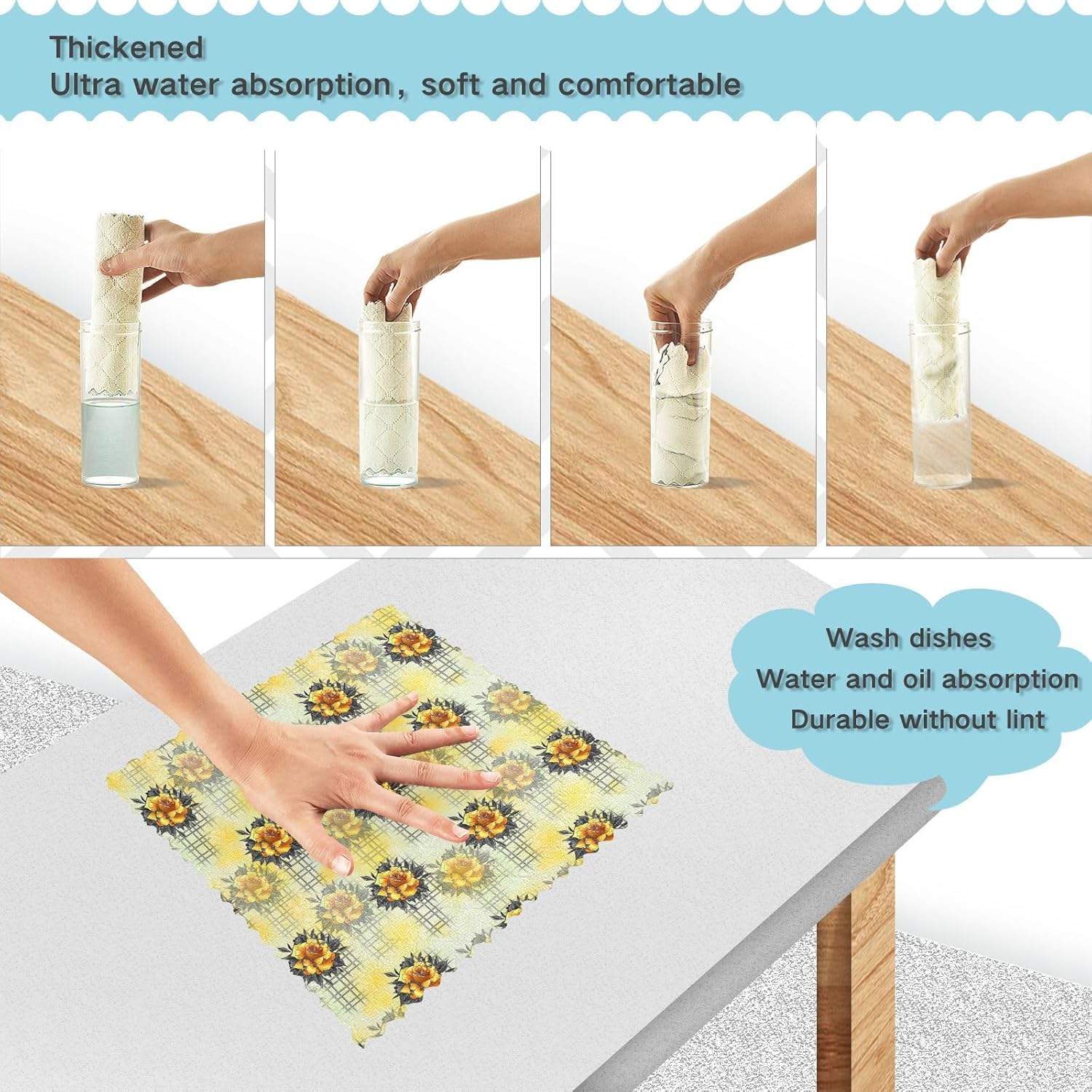FRODOTGV Lining Rose Flower Soft Decorative Microfiber Dish Drying Towel Absorbent Set of 6 Kitchen Tea Towels for Countertop Coffee