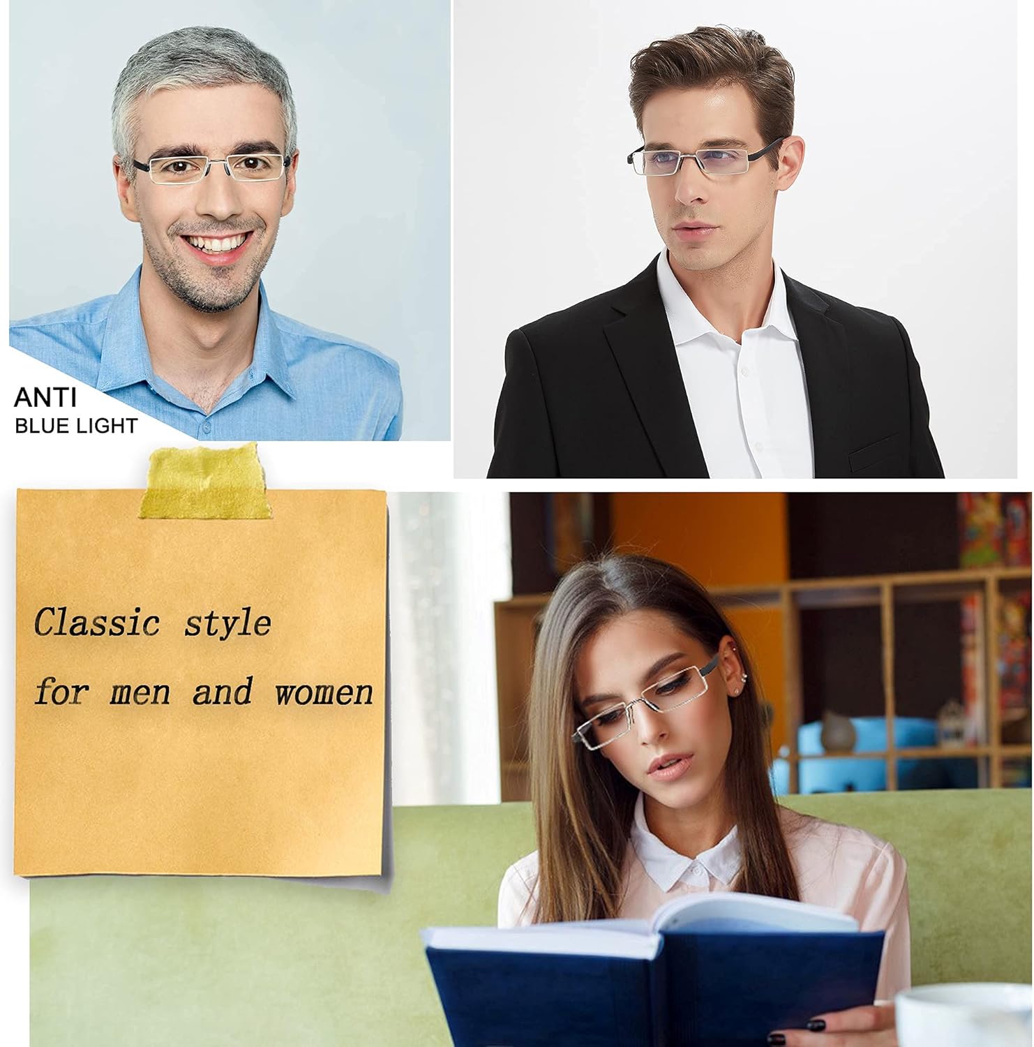 EYEURL Lentes de lectura de medio borde para computadora para hombres y mujeres +2.75 con bloqueo de luz azul, lentes de calidad ligera