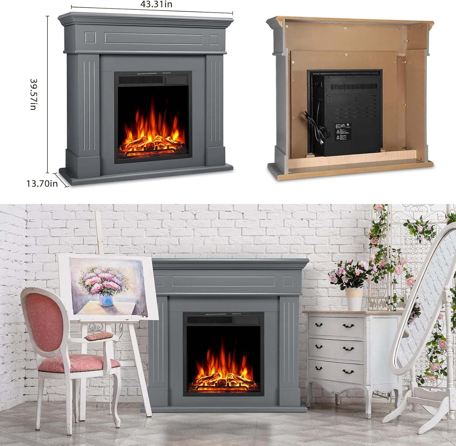 Xbeauty Chimenea eléctrica de 44 pulgadas con paquete de repisa, calentador de chimenea independiente con tronco y control remoto, 750-1500 W, (Gary)
