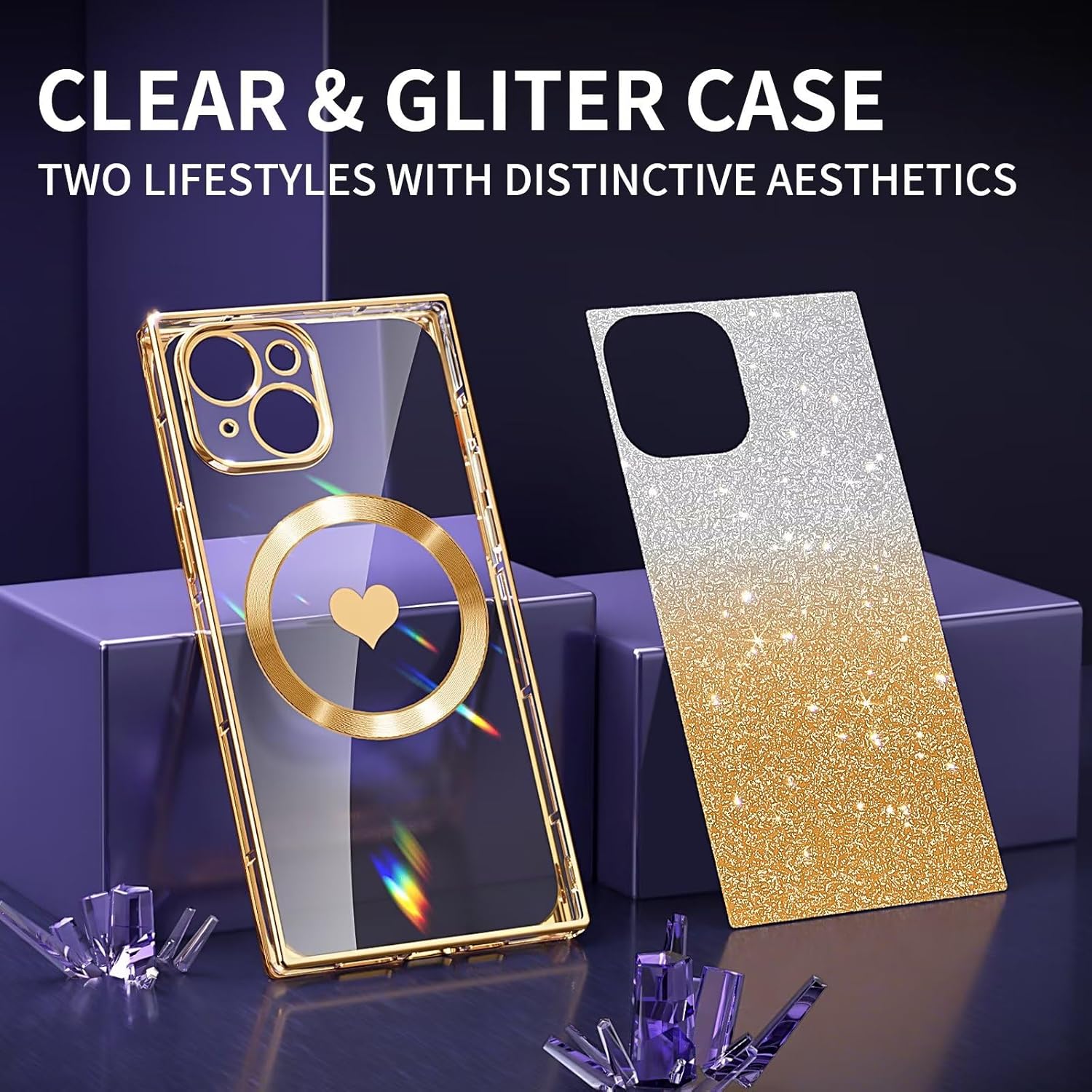 Funda magnética cuadrada para iPhone 15 Plus 2 en 1 compatible con MagSafe, protección completa de la lente, bonito patrón de corazón y cubierta