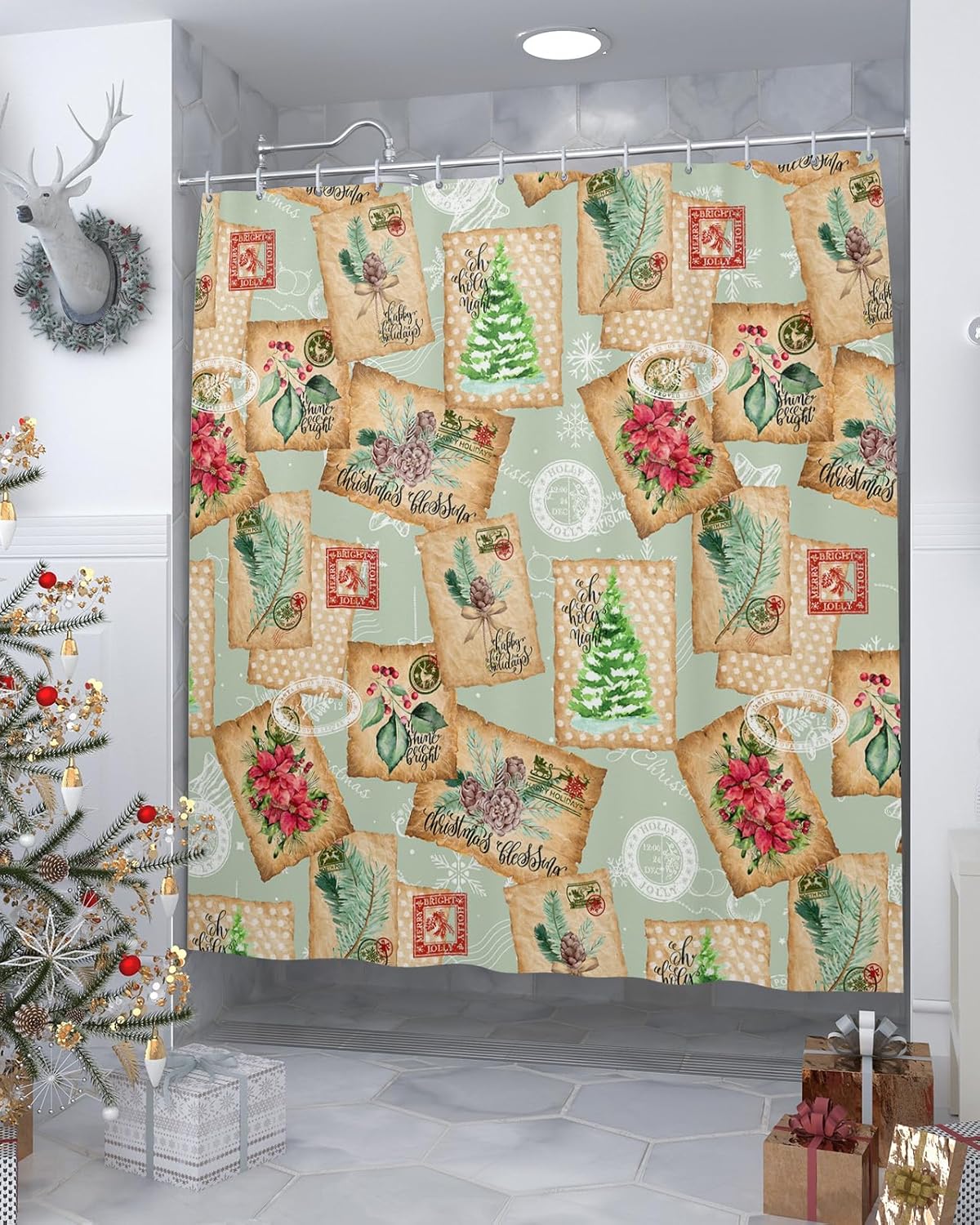 Cortina de ducha de Navidad, impermeable, lavable, bohemio, divertido, lindo juego de cortinas de ducha para baño, bañeras, juego de cortinas de