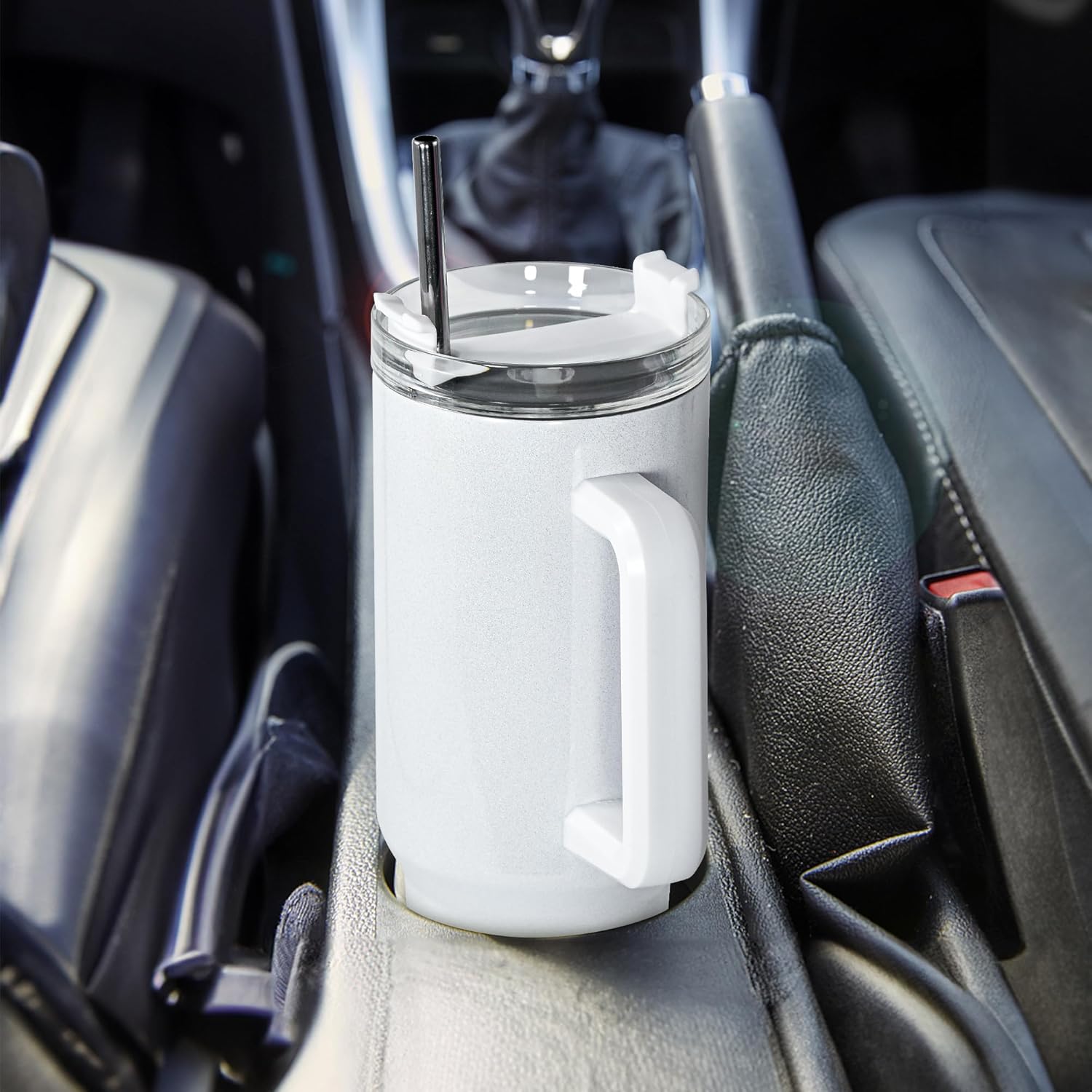 AGH Paquete de 4 vasos de 40 onzas de sublimación blanco brillante con popote y tapa de acero inoxidable, vasos aislados al vacío de doble pared