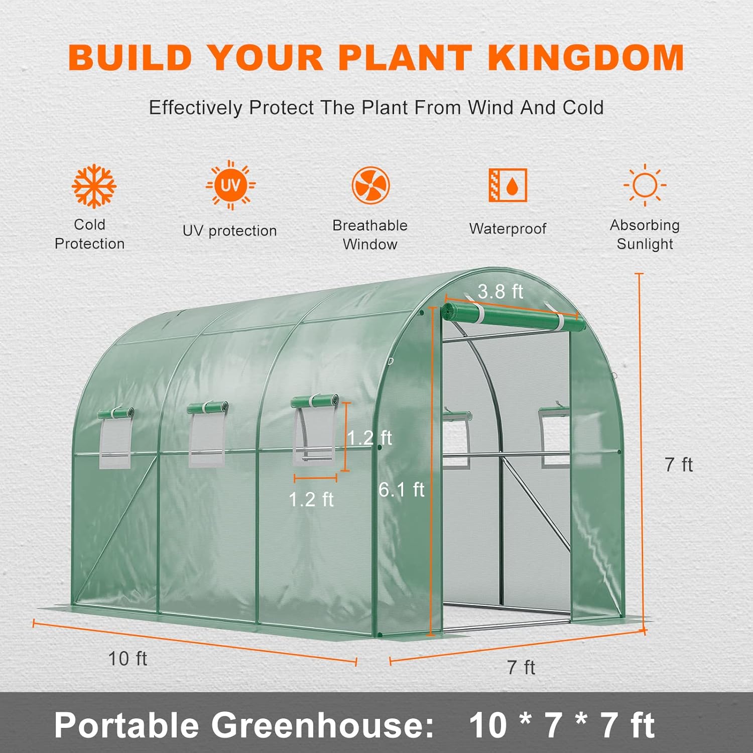 Invernaderos de 10 x 7 x 7 pies para exteriores, casa caliente resistente para plantas de jardín, túnel de invernadero grande, cubierta de