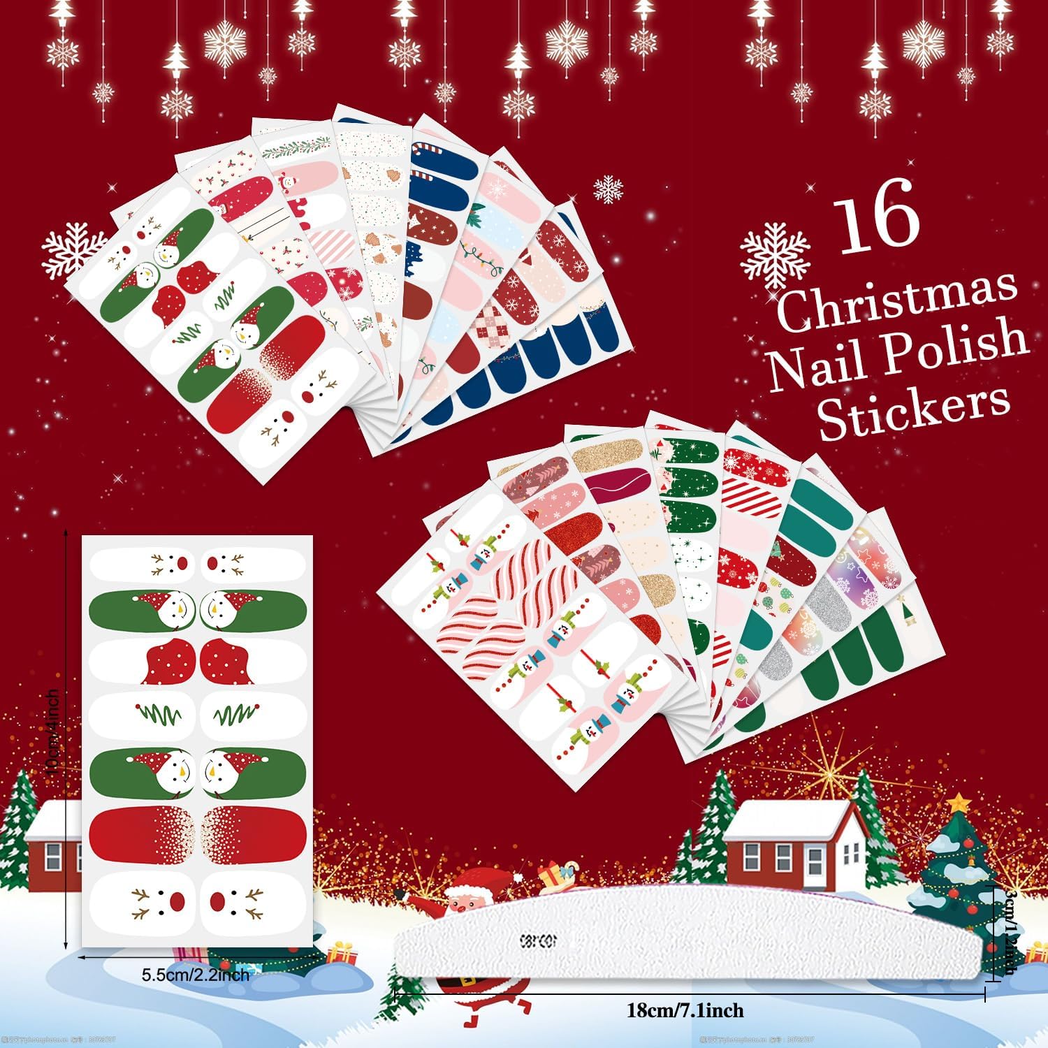 16 hojas de tiras de esmalte de uñas de Navidad, autoadhesivas, luces de árbol de Navidad, copo de nieve, muñeco de nieve, calcomanías de uñas de