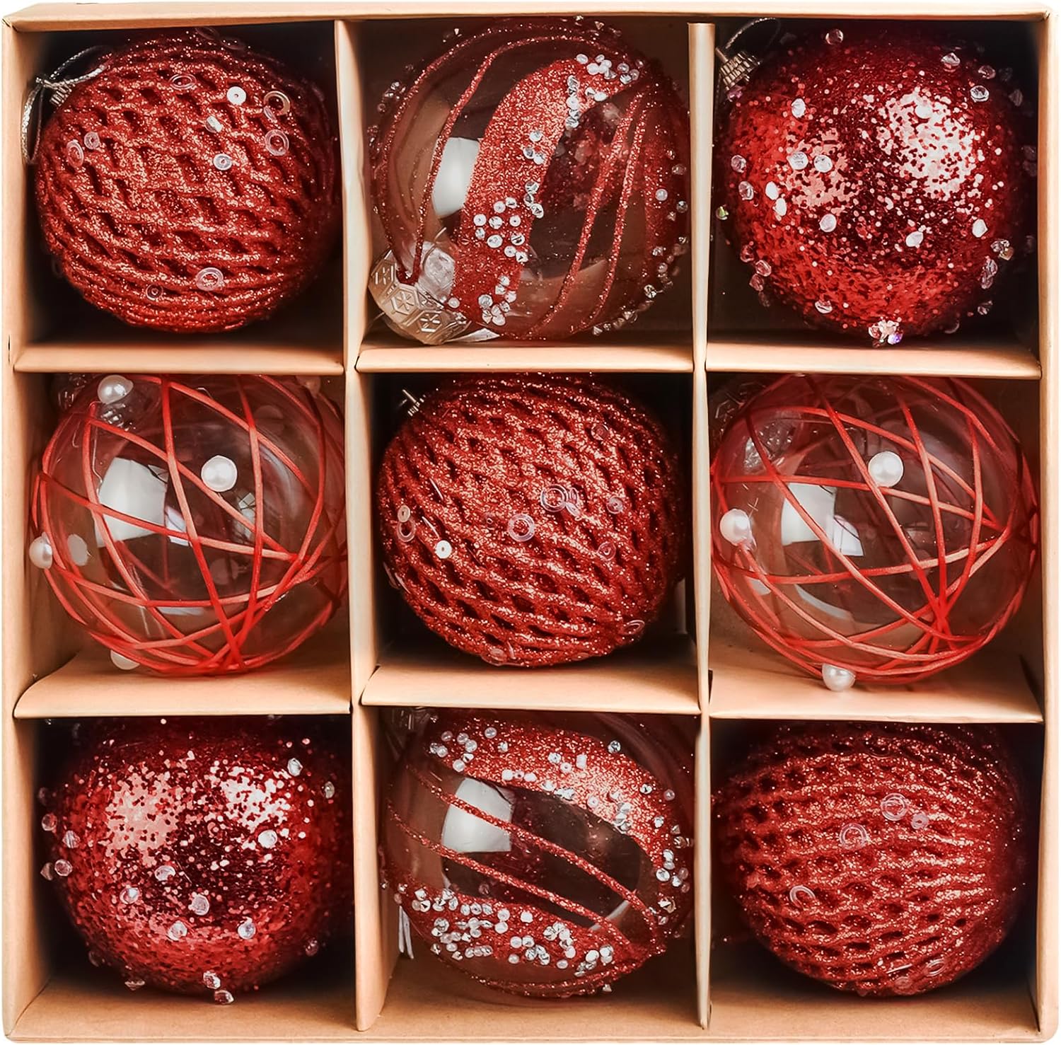 Bolas de 3.15 pulgadas para árbol de Navidad, juego de bolas de Navidad inastillables con purpurina, 9 piezas de bolas de plástico para colgar