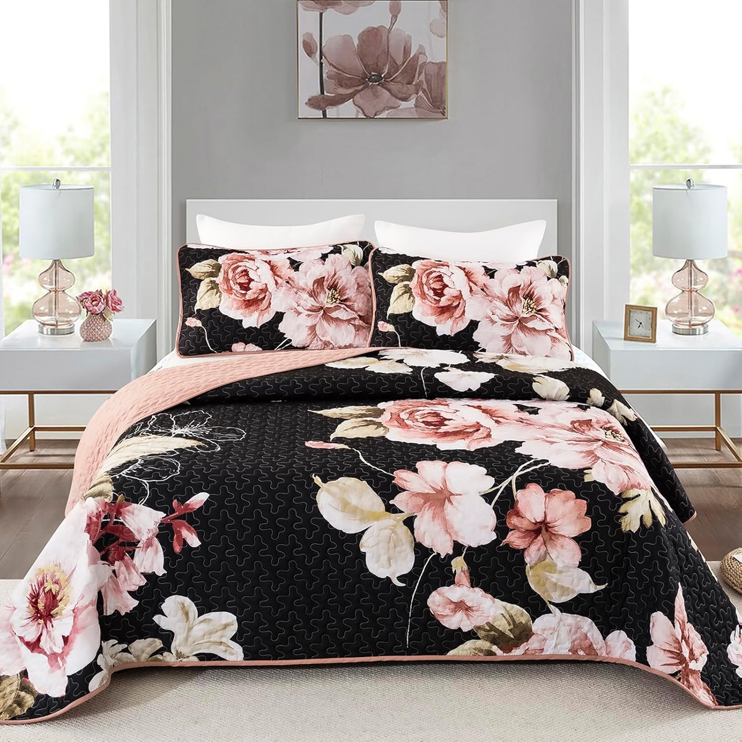 Dobuyly Juego de edredón floral negro tamaño King, 3 piezas de flores botánicas rosas impresas en negro, juego de ropa de cama de microfibra suave y