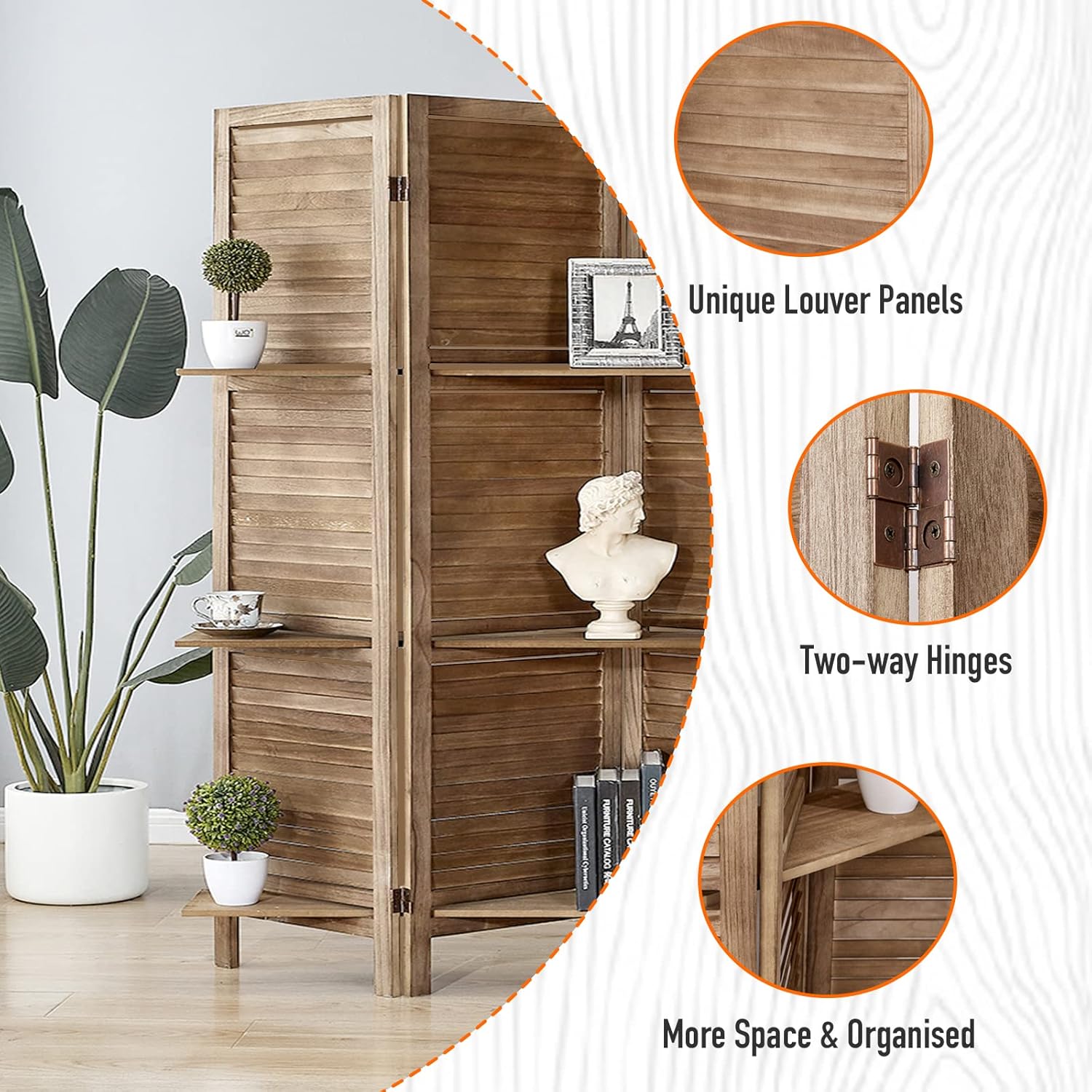 ROSE HOME FASHION Divisor de habitación de madera de 4 paneles de 5.6 pies, paneles de pantalla de privacidad plegables de madera, divisor de