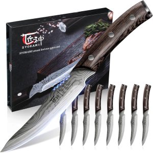 SYOKAMI Juego de 8 cuchillos para carne, de acero inoxidable japonés de alto carbono, sin dentar, con mango de madera, diseño de damasco con espiga SYOKAMI Juego de 8 cuchillos para carne, de acero inoxidable japonés de alto carbono, sin dentar, con mango de madera, diseño de damasco con espiga