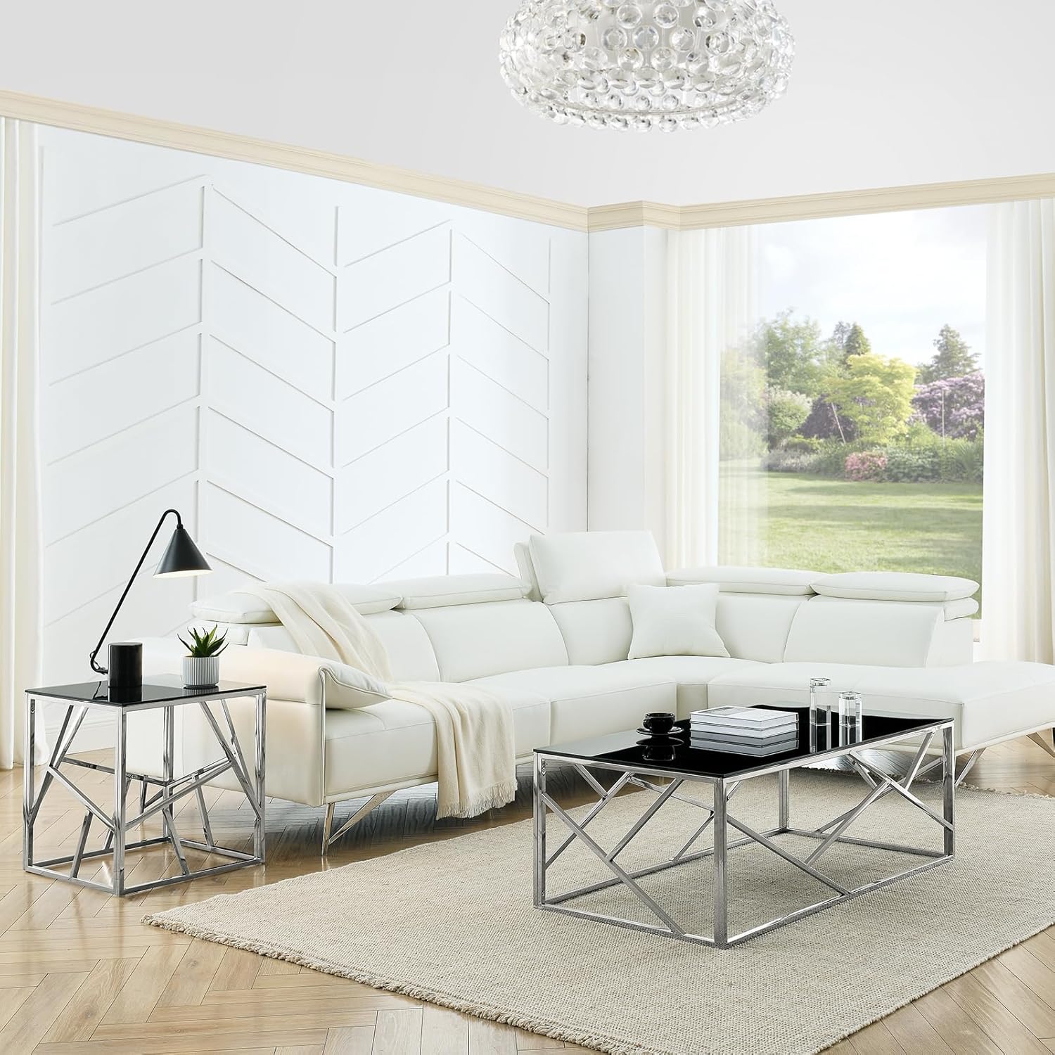 WOKER FURNITURE Mesa de centro de cristal negro con marco de acero inoxidable plateado, mesa de centro rectangular moderna con vidrio templado negro