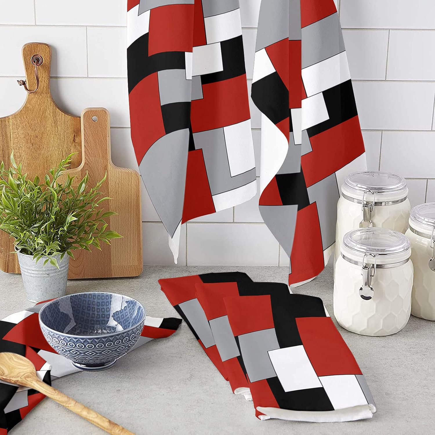 Juego de 2 toallas de cocina y paños de cocina, blanco, gris, negro, rojo, abstracto, irregular, geométrico, de 18 x 28 pulgadas, toallas de mano