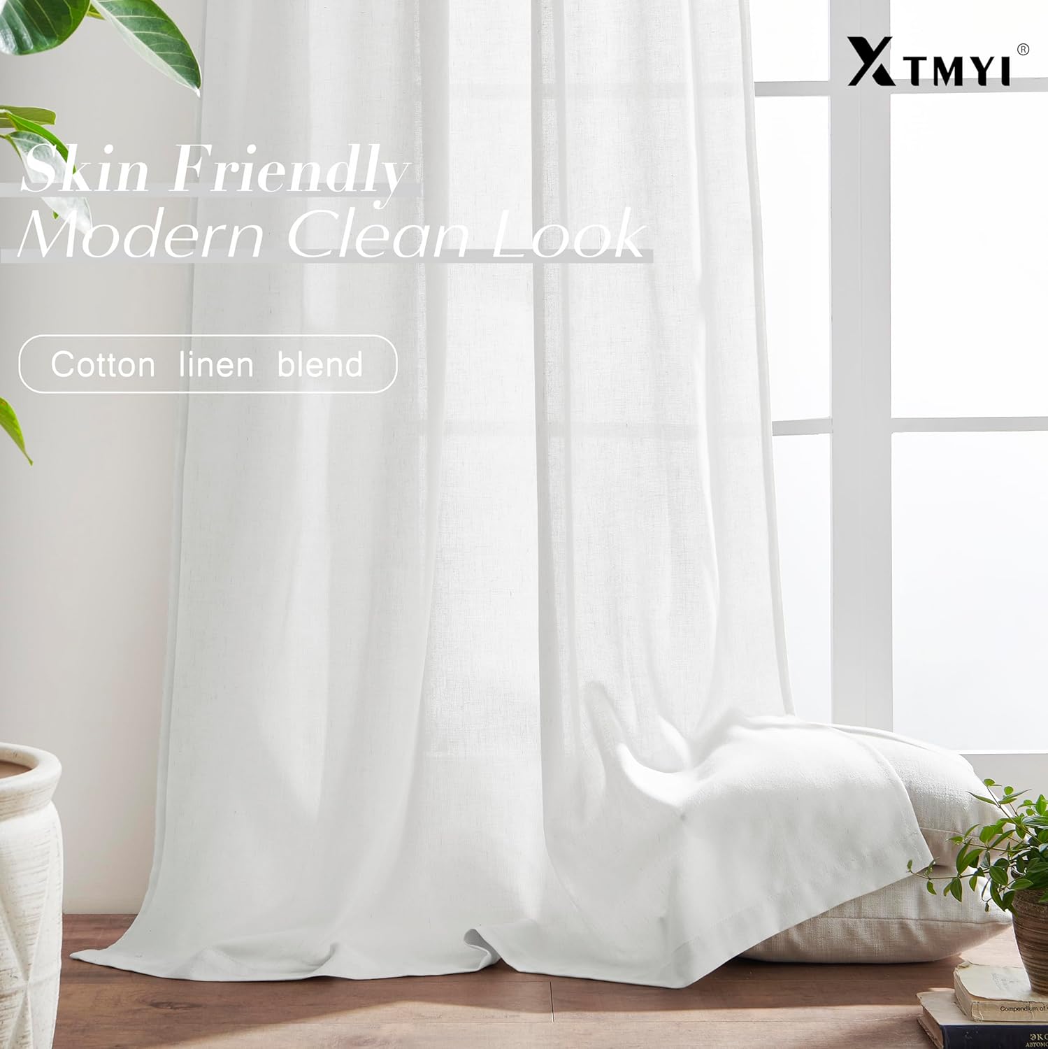 XTMYI Cortinas blancas de 90 pulgadas de largo para sala de estar, juego de 2 paneles con cinta de gancho y pestaña trasera, cortinas de lino para