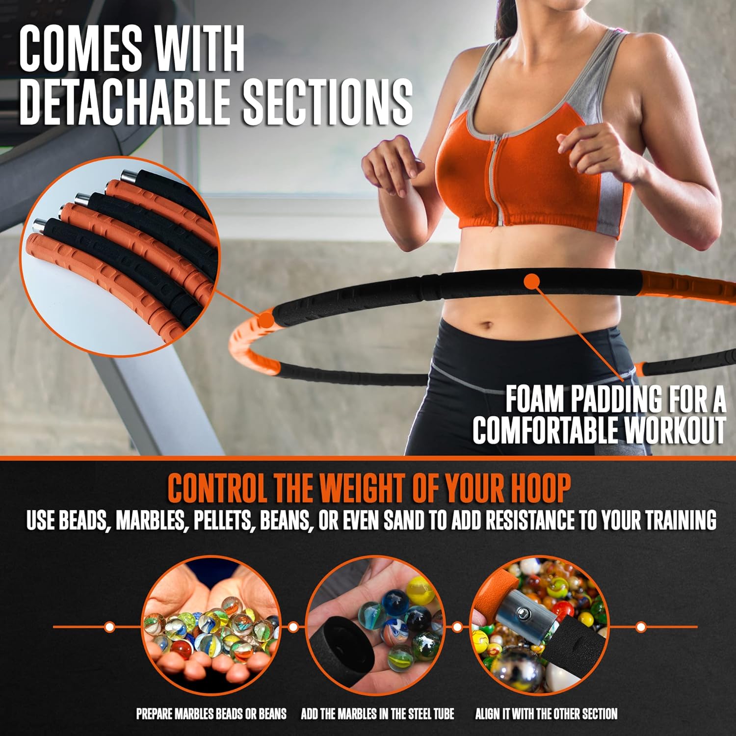 SQUATZ Exercise Hula Hoop for Adults Weight Loss – Weighted Hula Hoop for Workout, Adjustable & Detachable Weighted Hula-Hoop