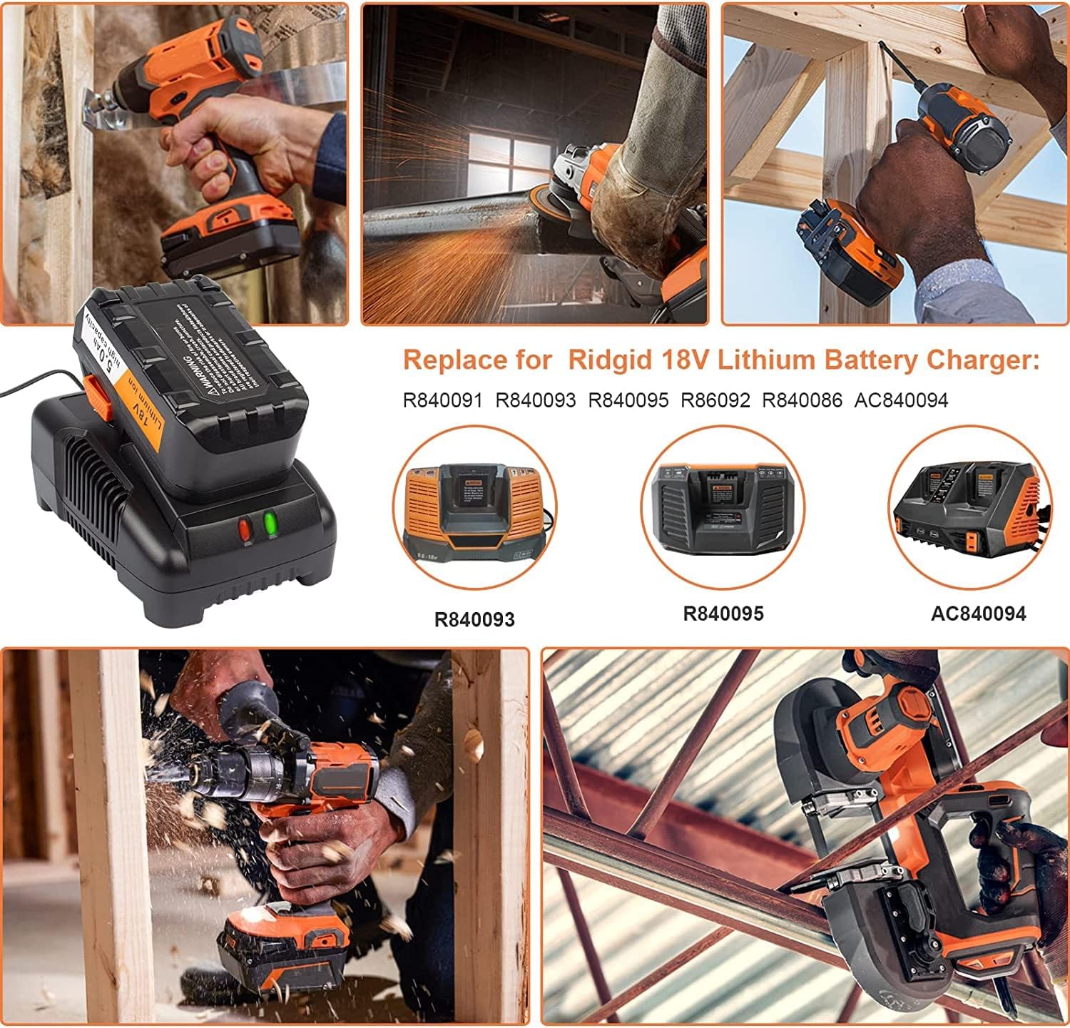 TREE.NB Cargador rápido de batería de litio de 18 V R86092 compatible con cargador Ridgid de 18 V para batería R86091 R840087 R840083, R840085