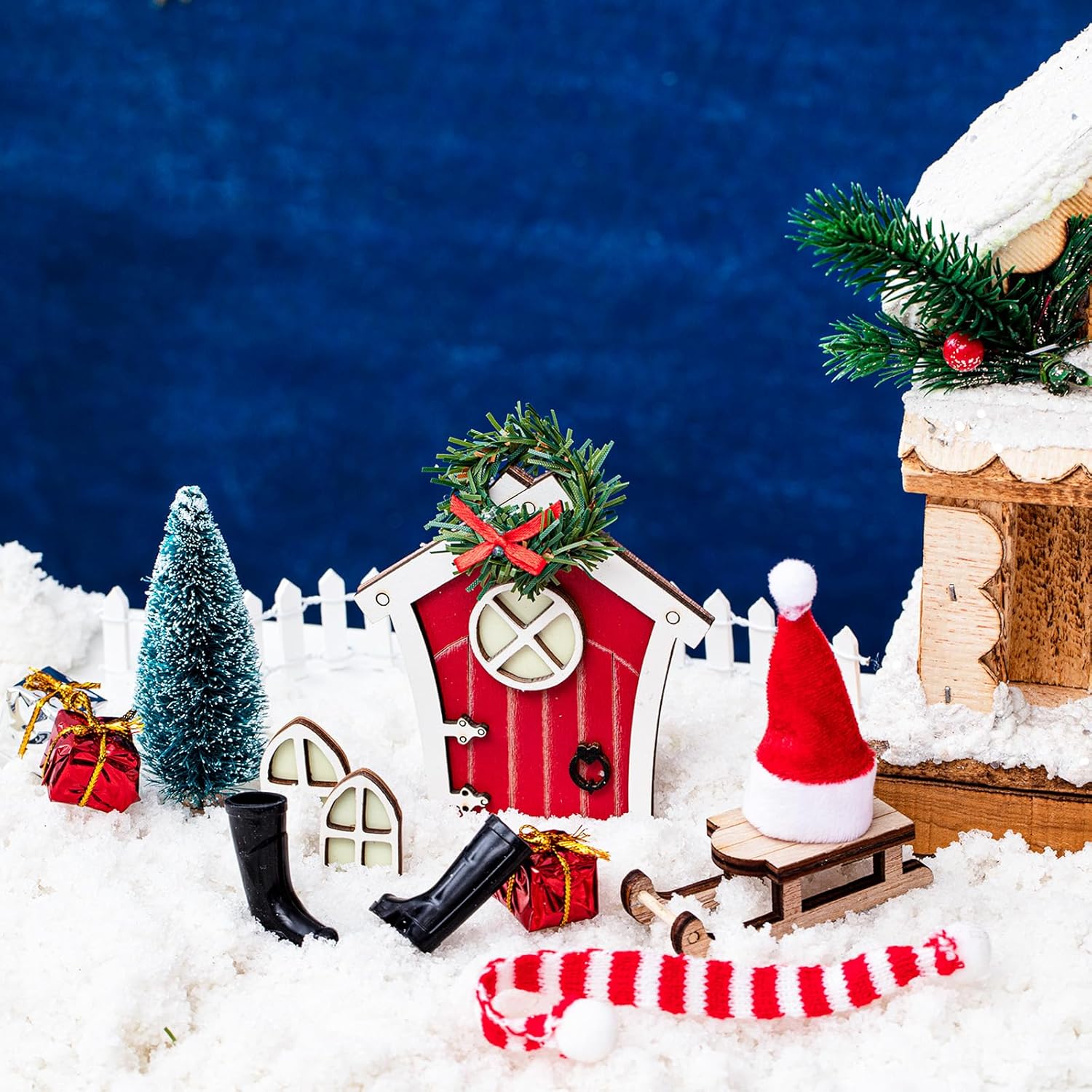 Kit de puerta de hadas de elfo de Navidad, puerta de niña de hadas roja, miniatura de madera para accesorios de Navidad, cuento de hadas,