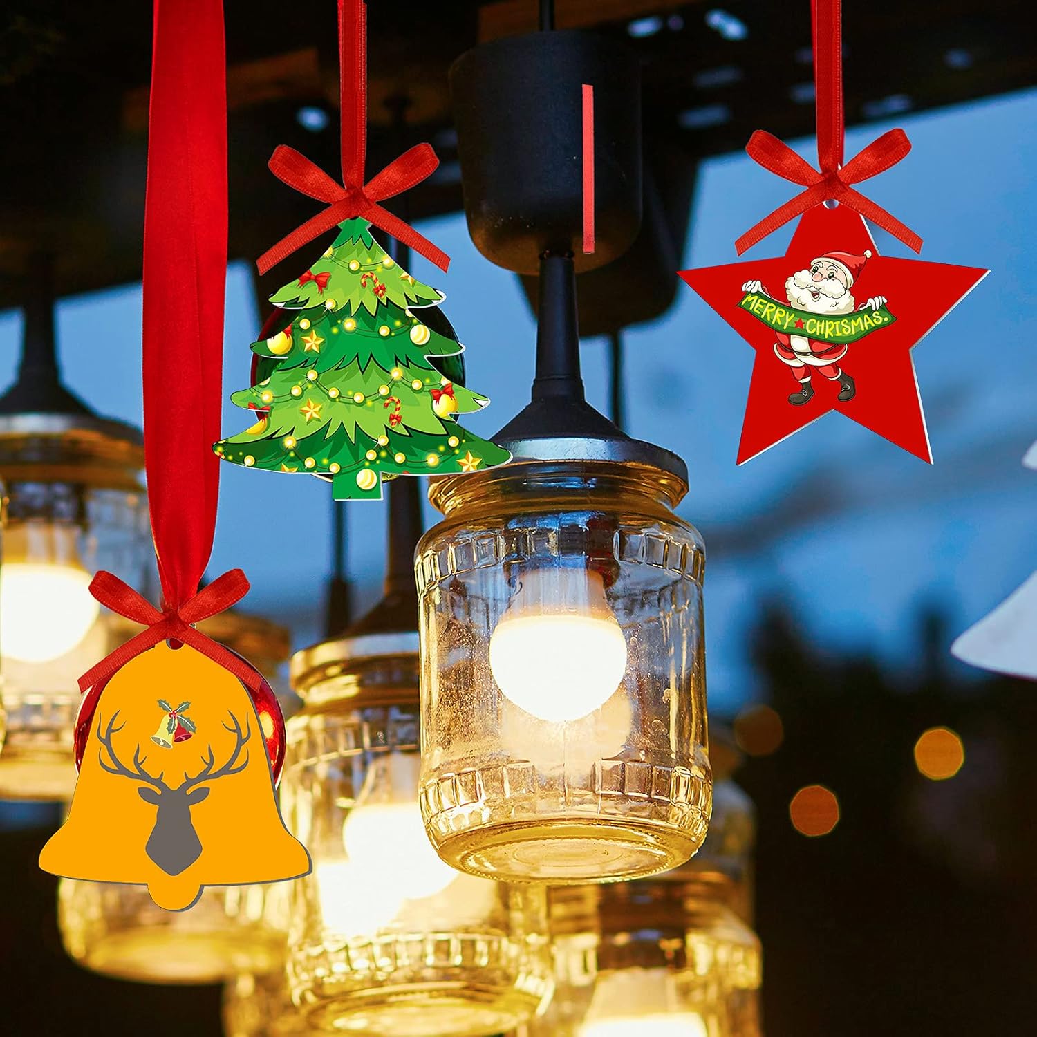 Adornos de Navidad de acrílico transparente de 3 pulgadas, medias de Navidad con forma de campana, adornos acrílicos para colgar con cinta para