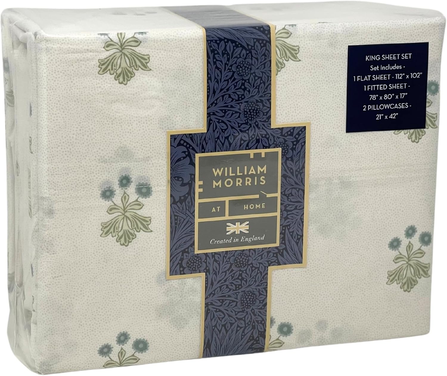 William Morris England – Juego de sábanas de 4 piezas suave 100% algodón percal, diseño floral, color crema verde salvia (tamaño King)
