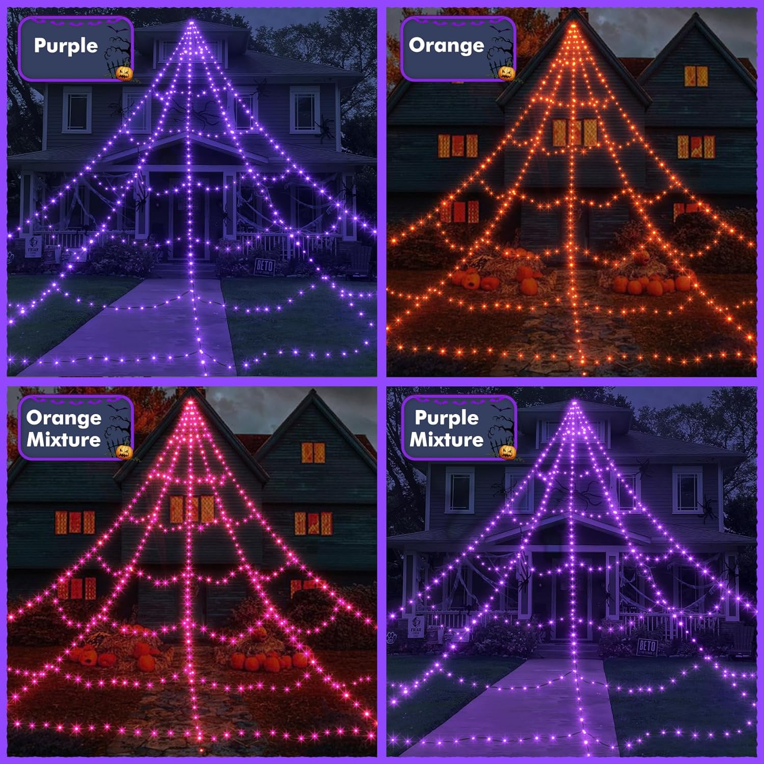 Dorizeg Telarañas para decoración de Halloween al aire libre, 455 luces LED con telaraña elástica grande de 59 pulgadas y 3.53 oz (100 g), 11 modos