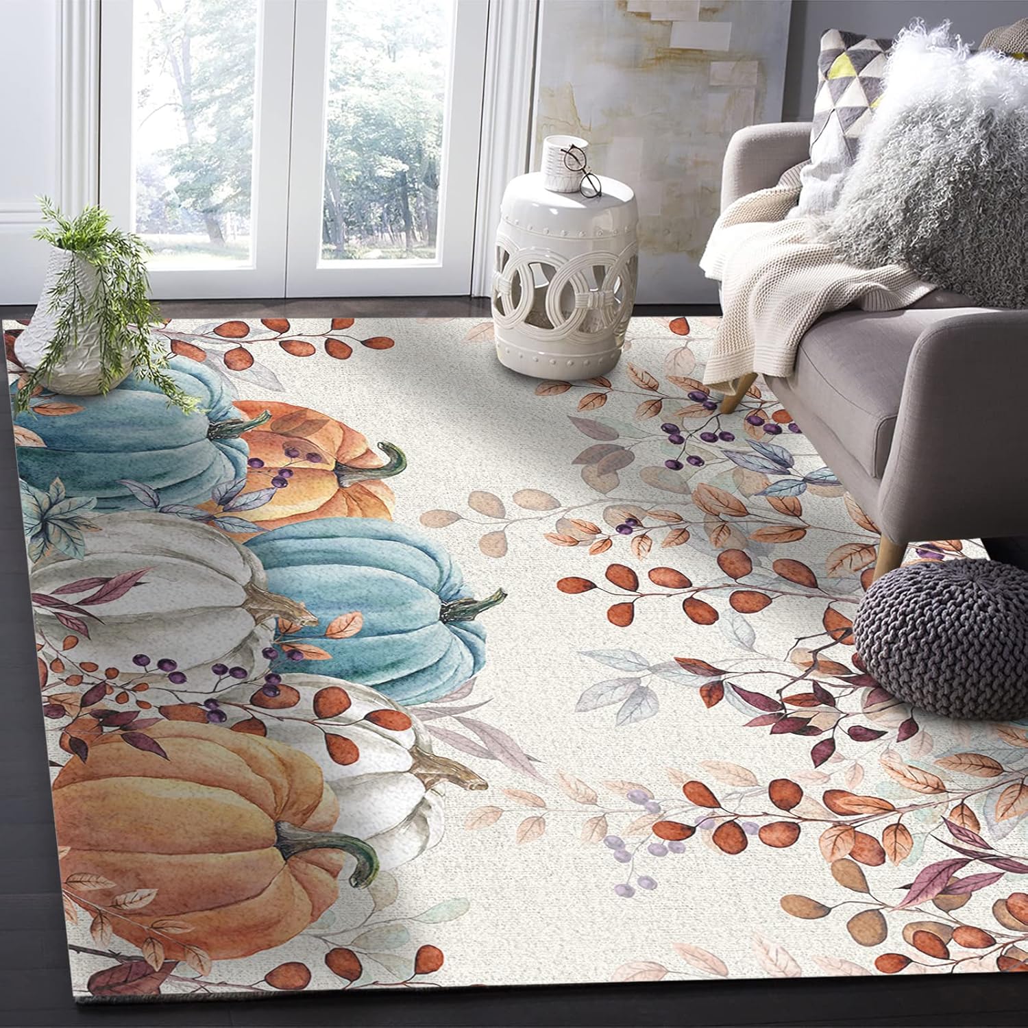 OComster Alfombras de área grande con forma rectangular de Acción de Gracias, 2 x 3 pies, color verde azulado, naranja, calabaza, marrón otoño,