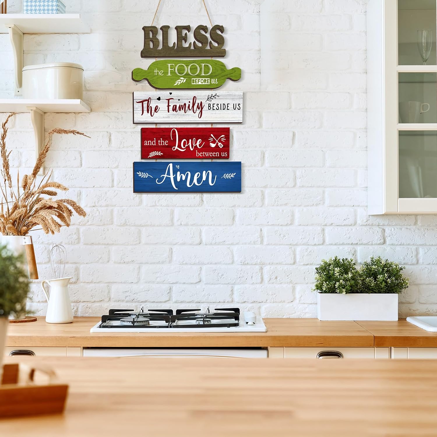 Geetery Letrero con texto en inglés Bless The Food Before Us para decoración de pared de cocina y comedor, decoración rústica de madera para